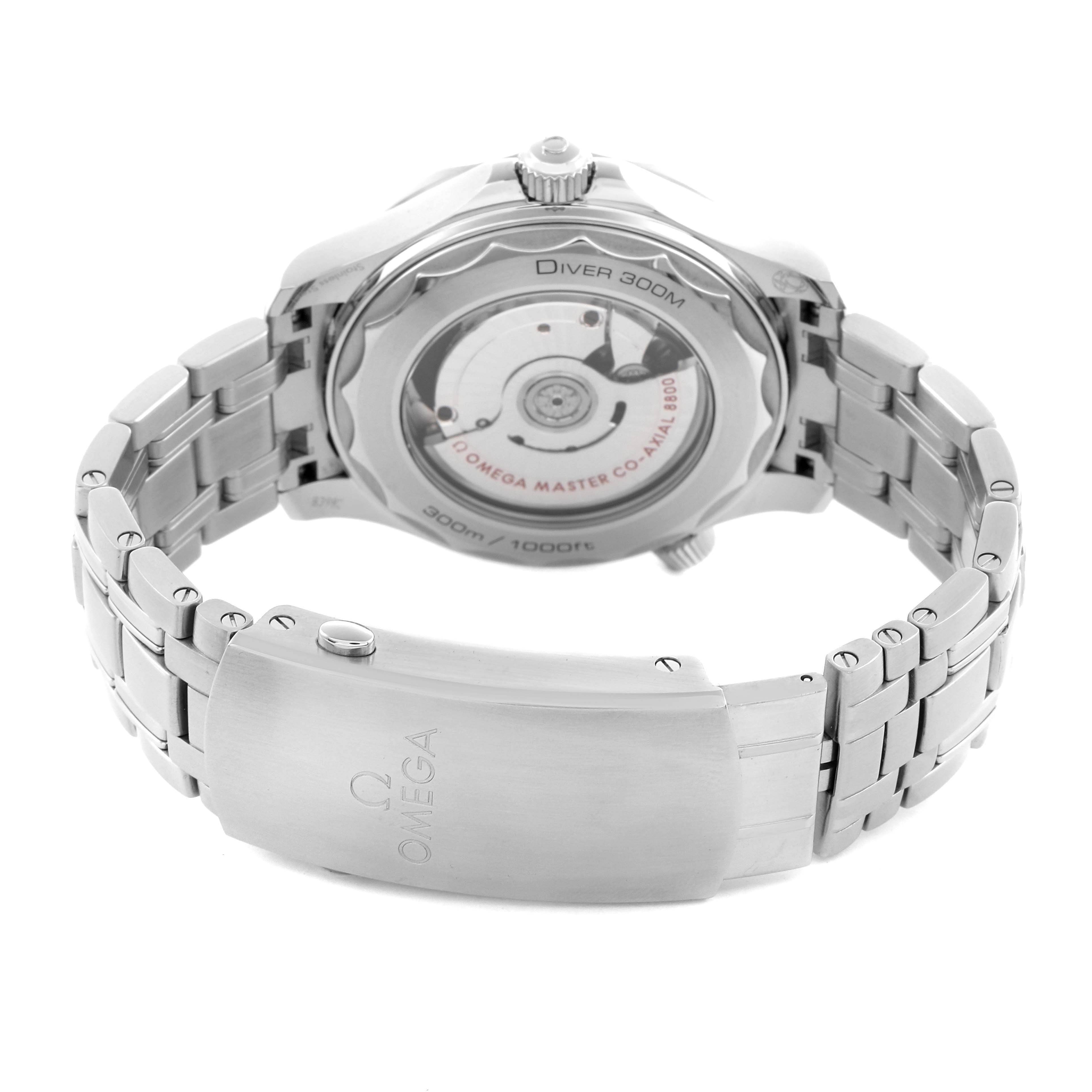 The image shows the back view of an Omega Seamaster 210.30.42.20.04.001 Men's Stainless Steel White Dial 210.30.42.20.04.001 Men's Stainless Steel White Dial watch, highlighting the case back and metal bracelet.