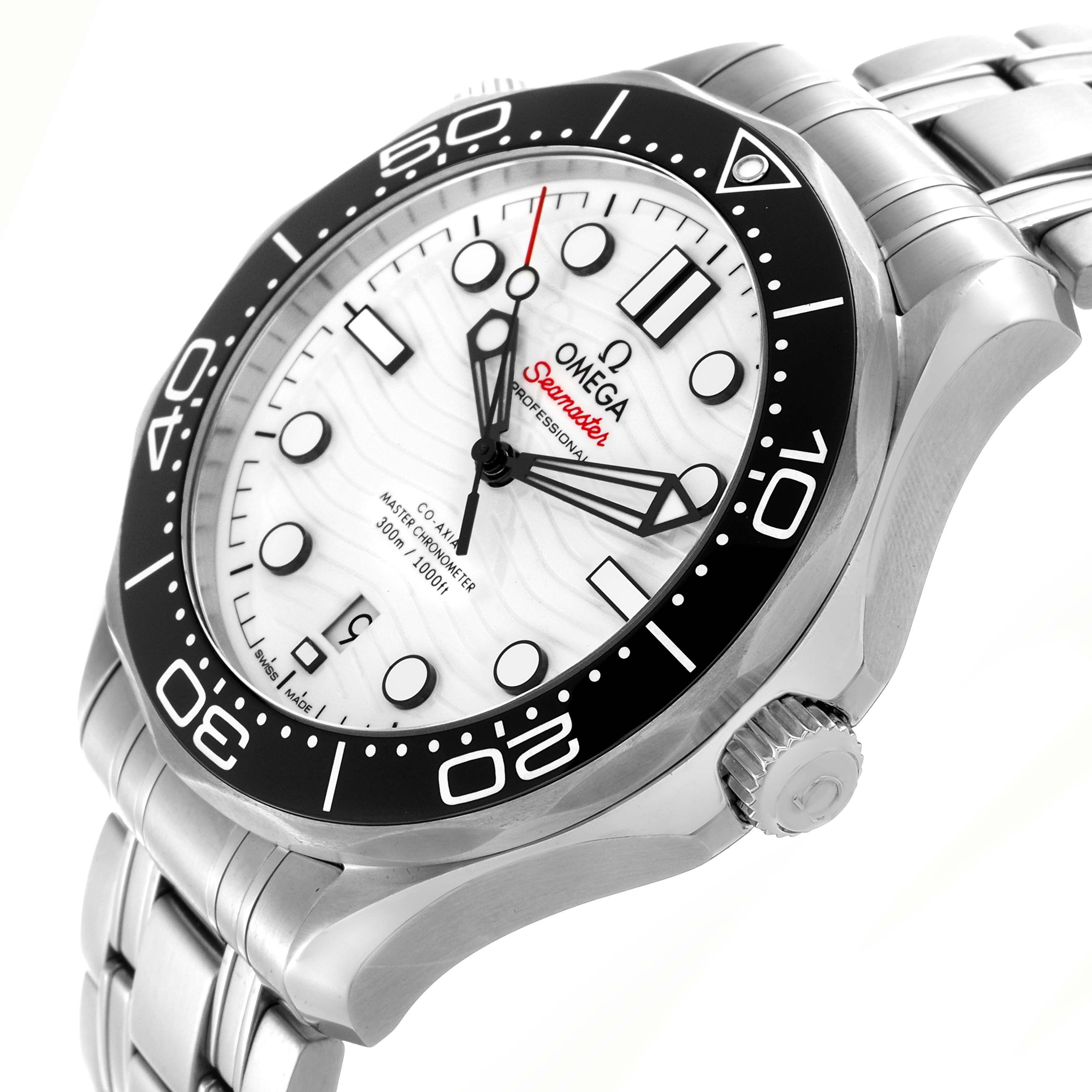 The Omega Seamaster 210.30.42.20.04.001 Men's Stainless Steel White Dial 210.30.42.20.04.001 Men's Stainless Steel White Dial watch is shown from an angled side view, highlighting the dial, bezel, and bracelet.