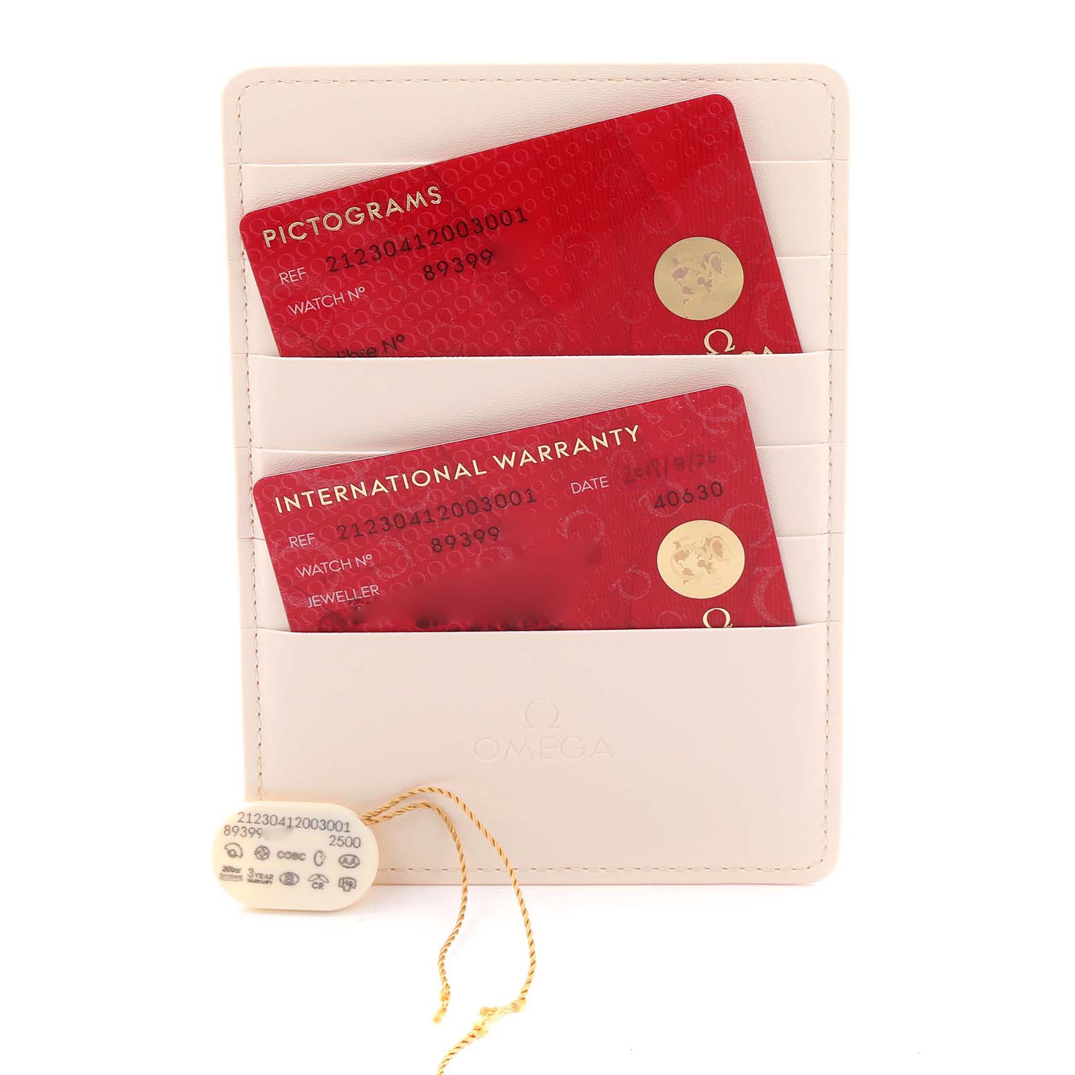 The image shows two red cards labeled "Pictograms" and "International Warranty" in a holder, with a tag for the Omega Seamaster 212.30.41.20.03.001 Men's Stainless Steel Blue Dial 212.30.41.20.03.001 Men's Stainless Steel Blue Dial watch.