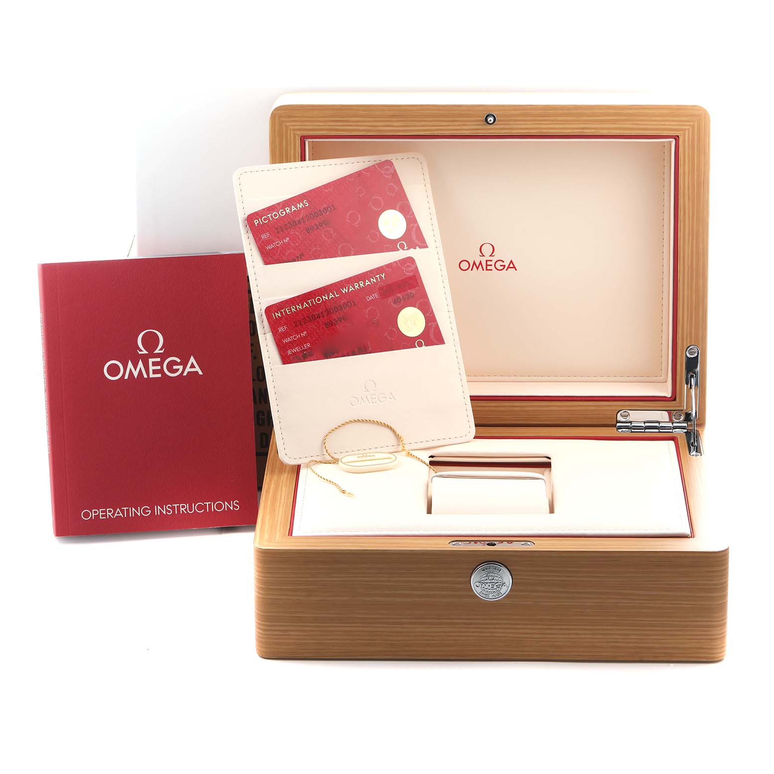 The image shows an Omega Seamaster 212.30.41.20.03.001 Men's Stainless Steel Blue Dial 212.30.41.20.03.001 Men's Stainless Steel Blue Dial watch box, operating instructions booklet, and warranty cards at a frontal angle.