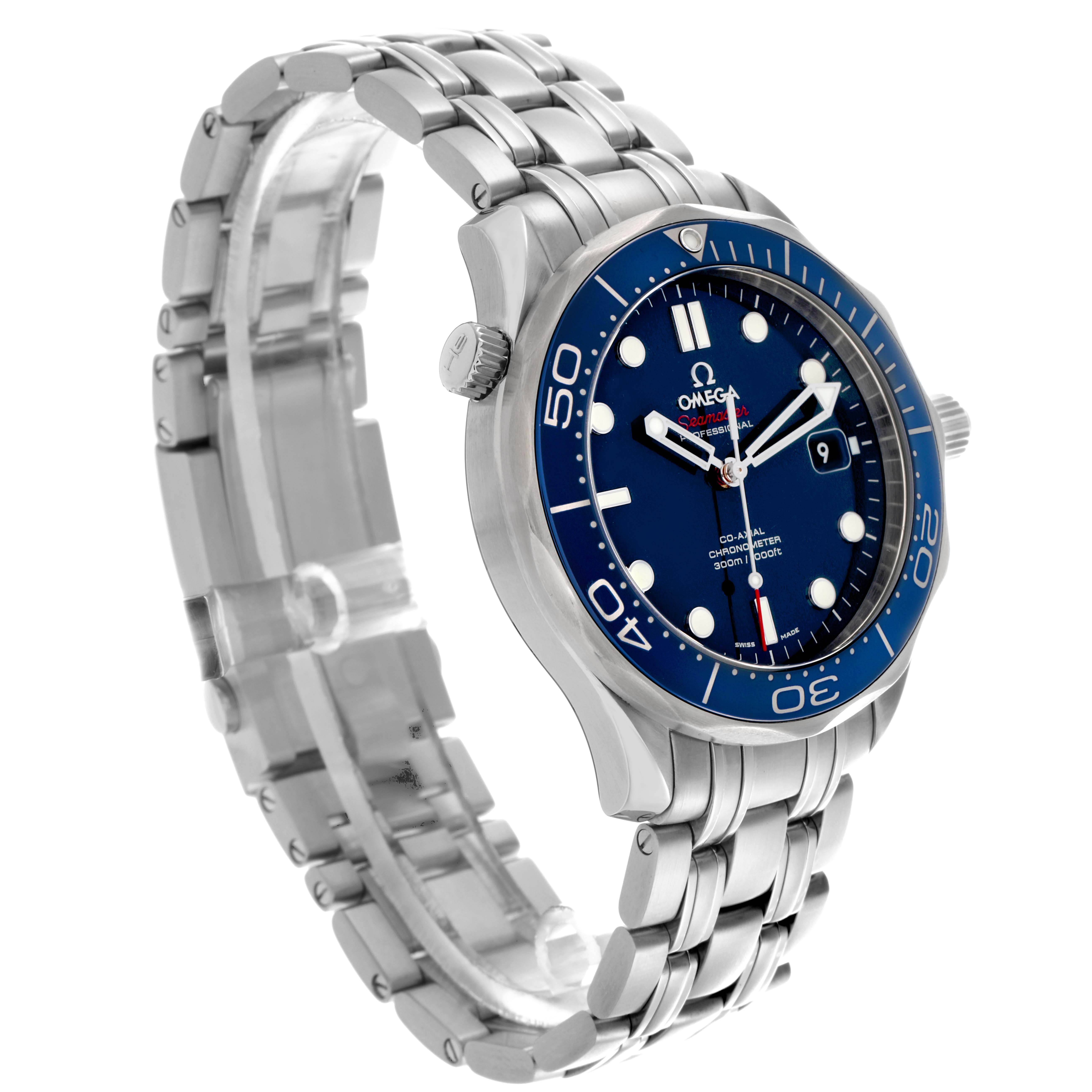 The Omega Seamaster 212.30.41.20.03.001 Men's Stainless Steel Blue Dial 212.30.41.20.03.001 Men's Stainless Steel Blue Dial watch is shown from a side angle, highlighting the dial, bezel, crown, and metal bracelet.