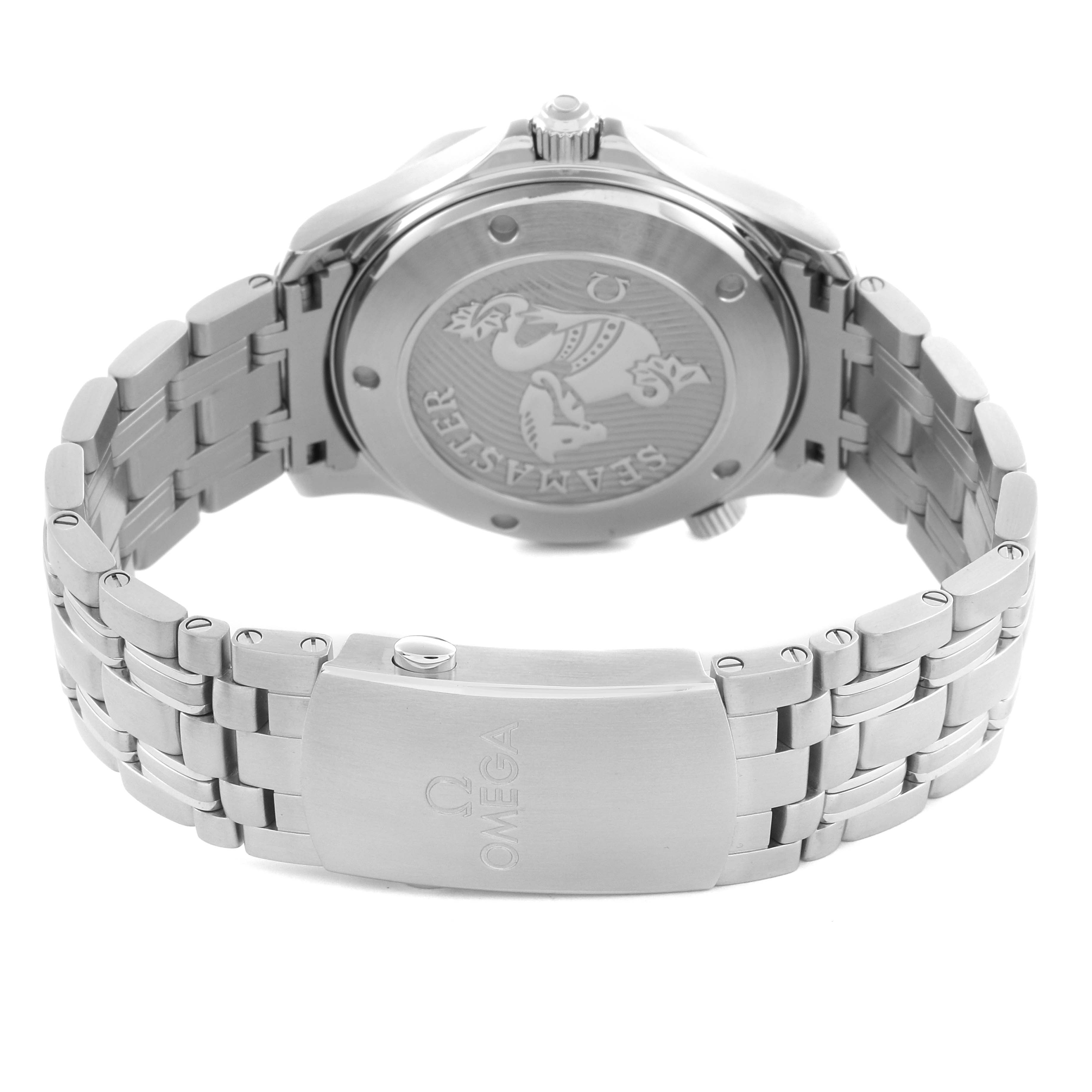 The image shows the back and bracelet of an Omega Seamaster 212.30.41.20.03.001 Men's Stainless Steel Blue Dial 212.30.41.20.03.001 Men's Stainless Steel Blue Dial watch, highlighting the clasp and engraved case back.