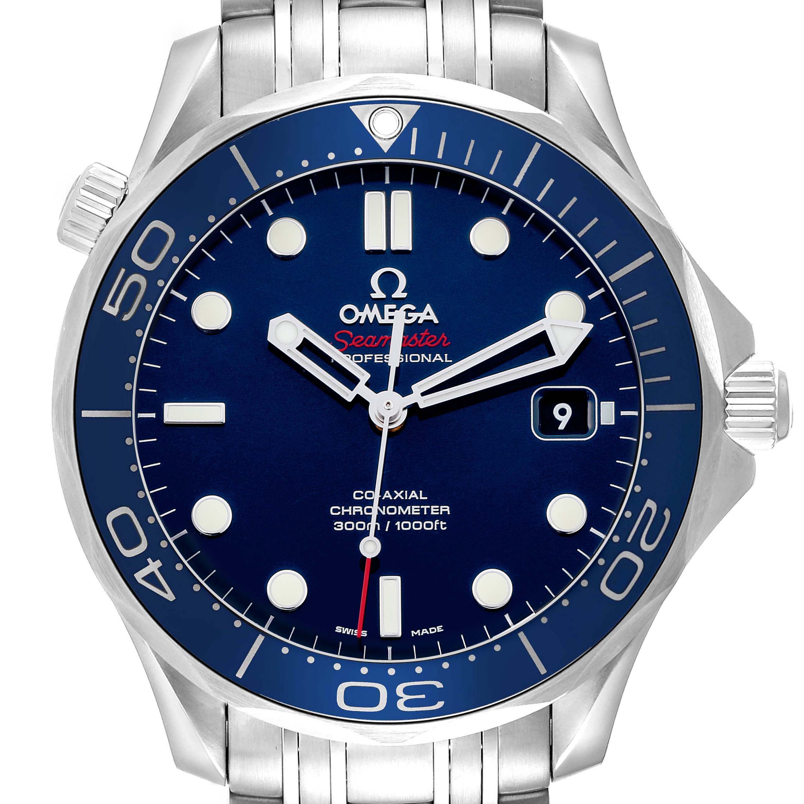 The Omega Seamaster 212.30.41.20.03.001 Men's Stainless Steel Blue Dial 212.30.41.20.03.001 Men's Stainless Steel Blue Dial watch is shown from the front, highlighting the bezel, dial, hands, date window, and a portion of the bracelet.
