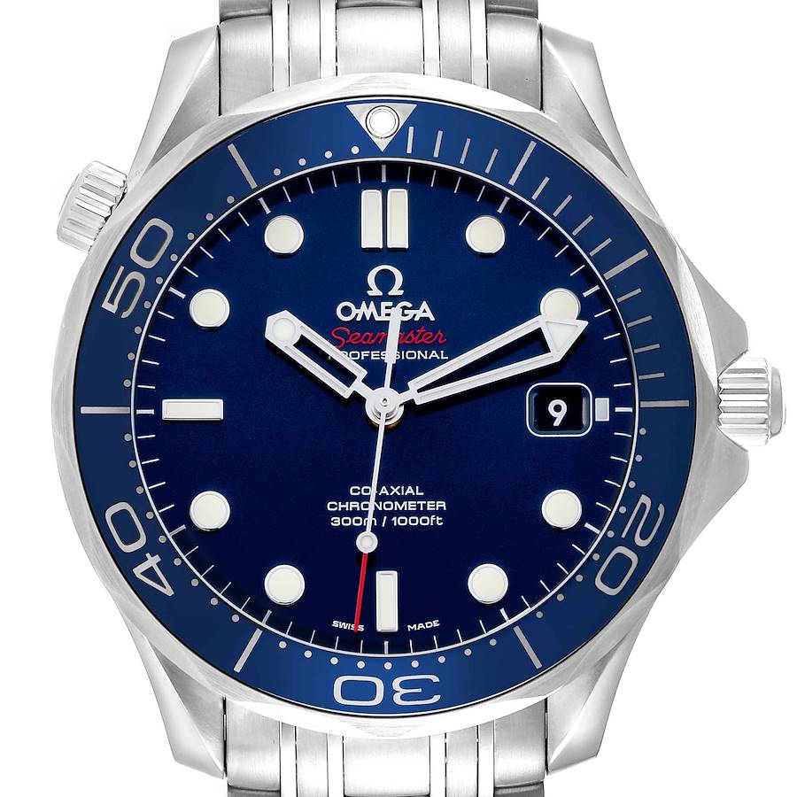 The Omega Seamaster watch is shown from the front, highlighting the bezel, dial, hands, date window, and a portion of the bracelet.