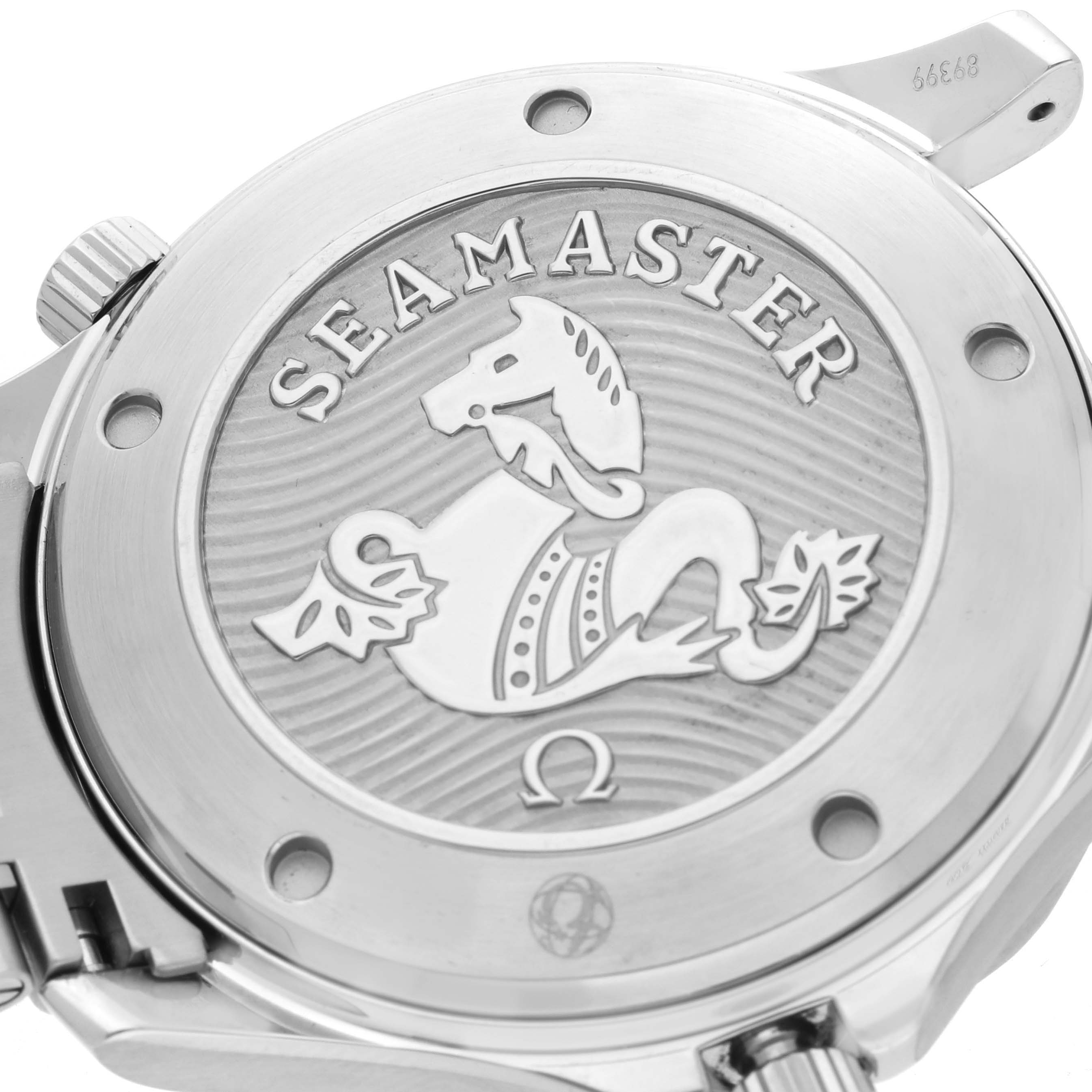 The image shows the back of an Omega Seamaster 212.30.41.20.03.001 Men's Stainless Steel Blue Dial 212.30.41.20.03.001 Men's Stainless Steel Blue Dial watch with an engraved emblem and screw-down case back.