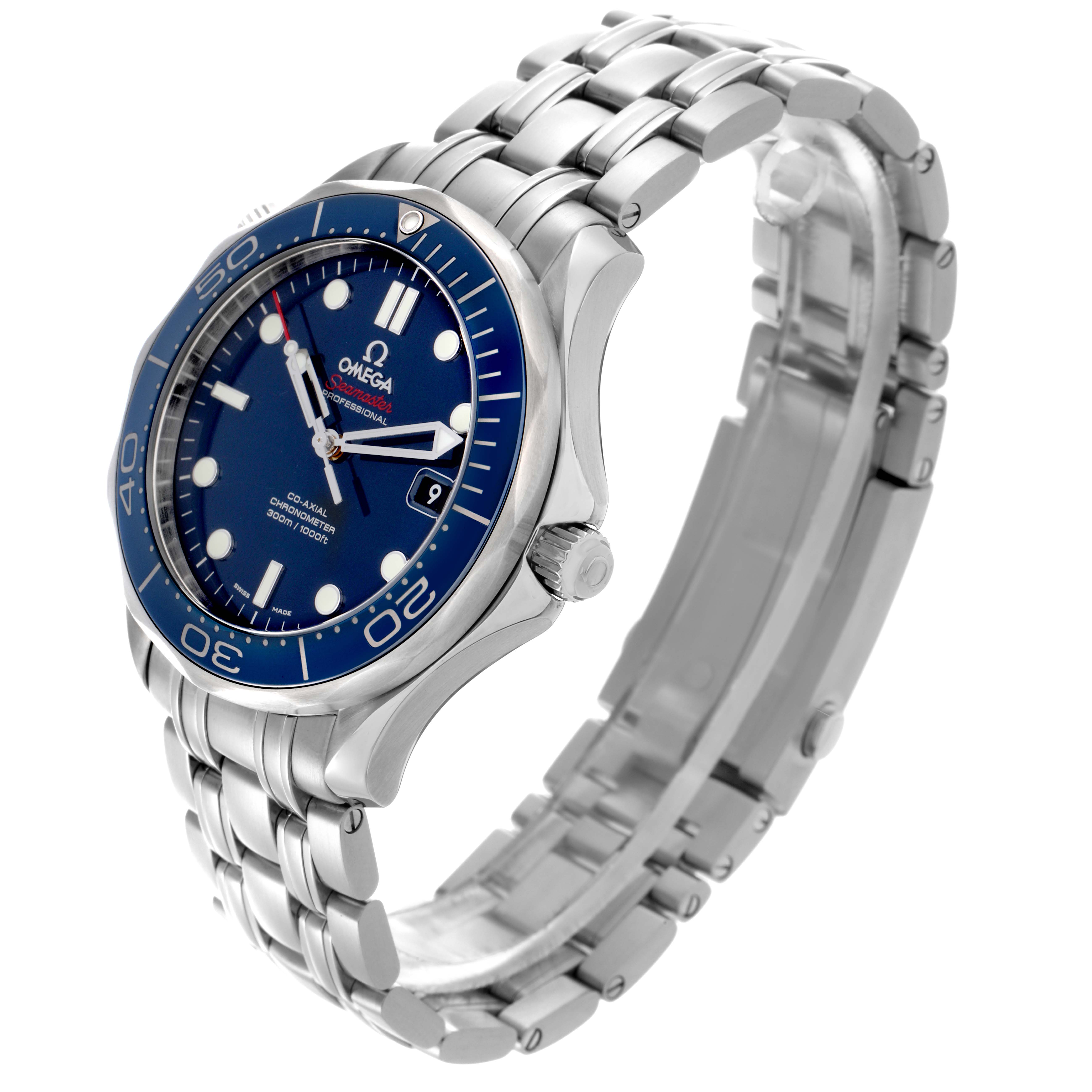 The Omega Seamaster 212.30.41.20.03.001 Men's Stainless Steel Blue Dial 212.30.41.20.03.001 Men's Stainless Steel Blue Dial watch is shown at a three-quarter angle, highlighting the face, bezel, crown, and bracelet.