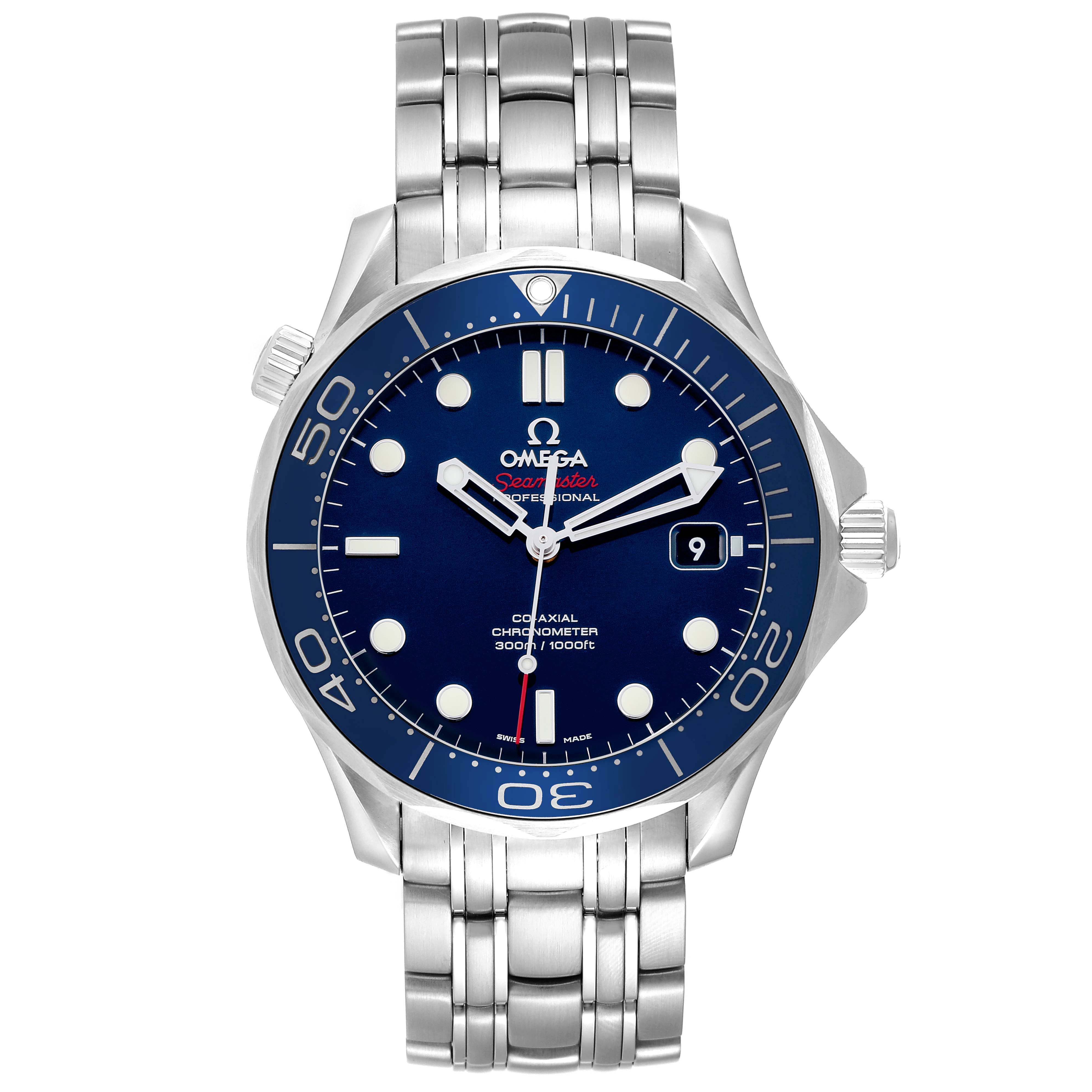The Omega Seamaster 212.30.41.20.03.001 Men's Stainless Steel Blue Dial 212.30.41.20.03.001 Men's Stainless Steel Blue Dial watch is shown from the front, displaying its dial, bezel, and bracelet.