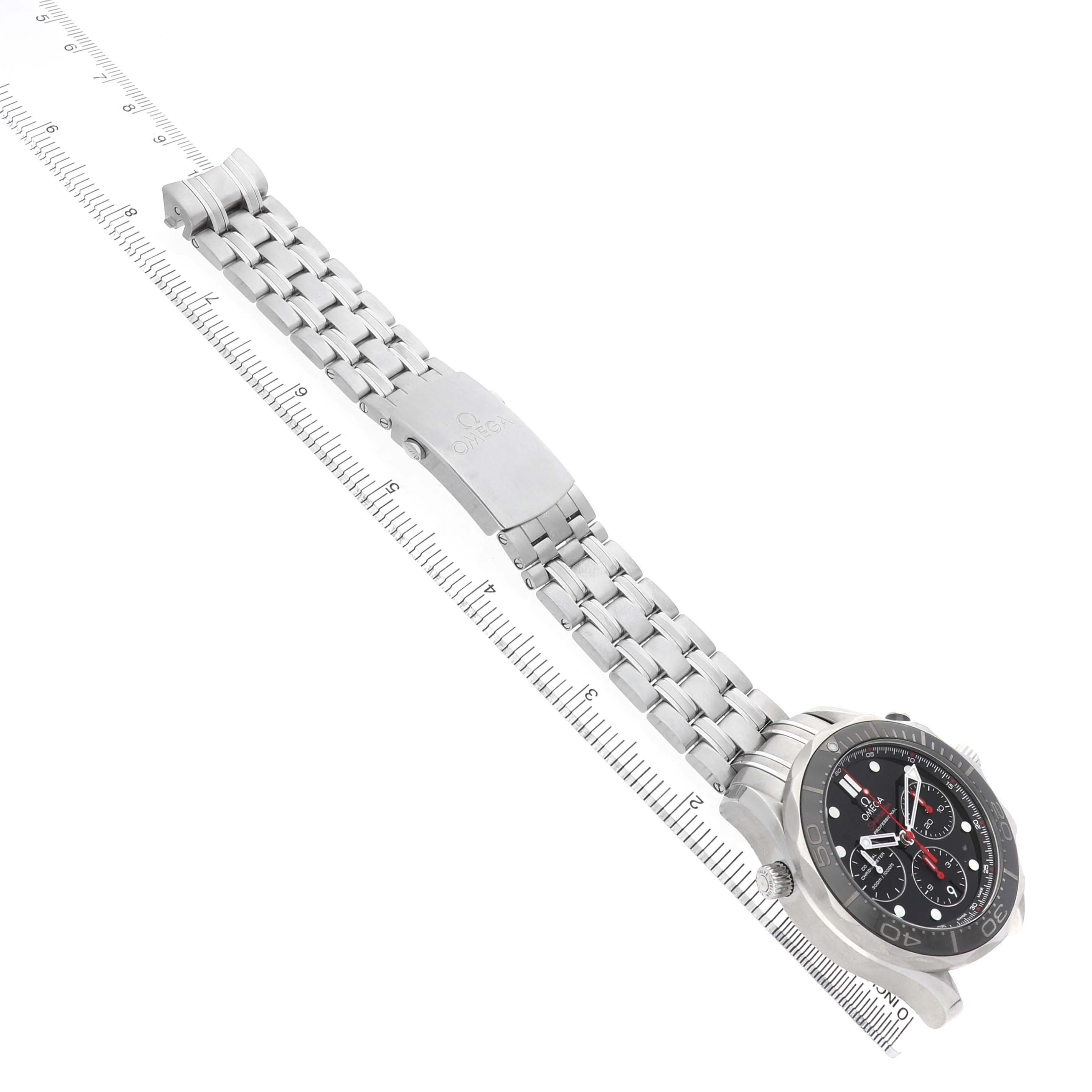 The Omega Seamaster 212.30.44.50.01.001 Men's Stainless Steel Black Dial watch is shown from an angled top view, highlighting the bracelet, clasp, and face.