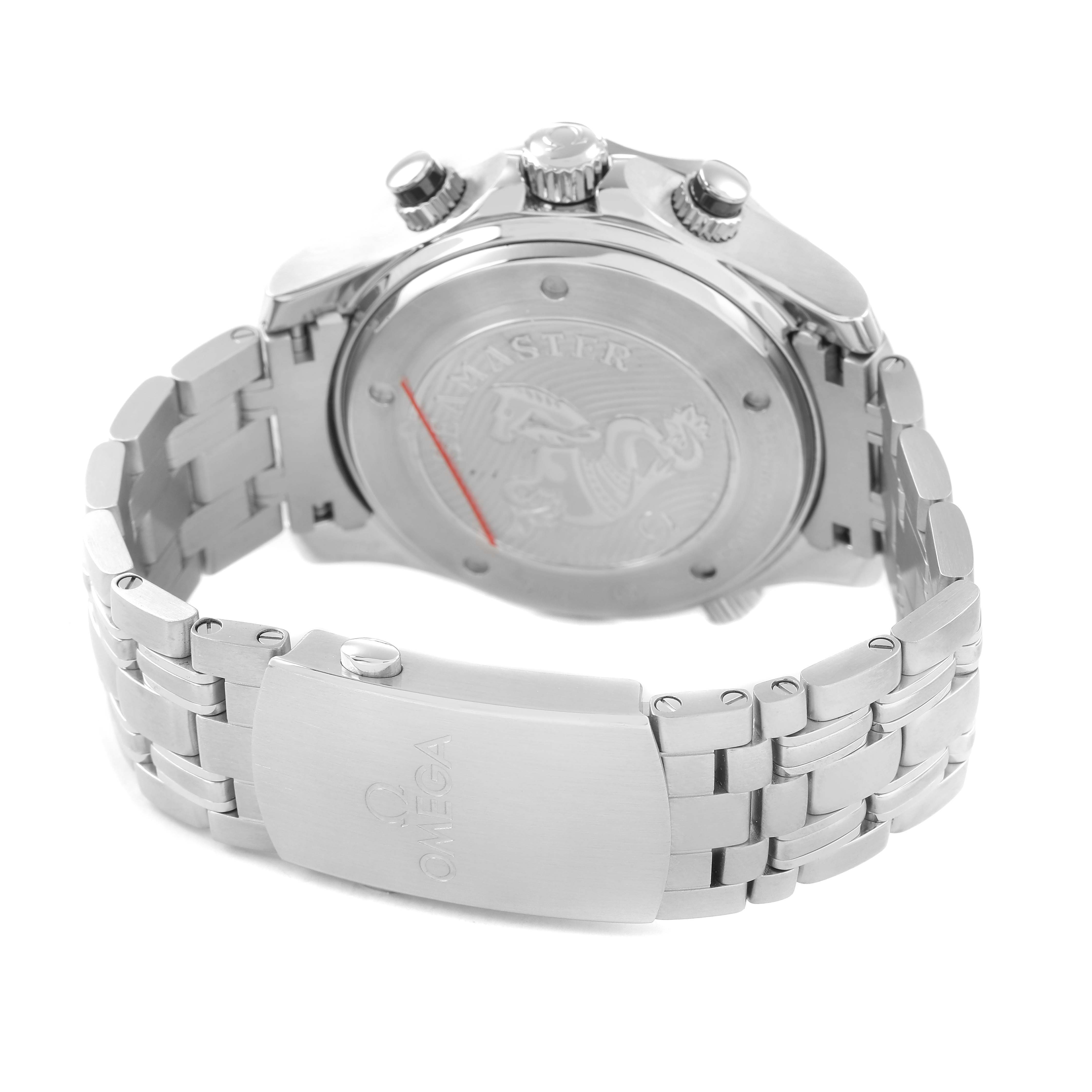 The image shows the Omega Seamaster 212.30.44.50.01.001 Men's Stainless Steel Black Dial watch from the rear, highlighting the case back, bracelet, and clasp.