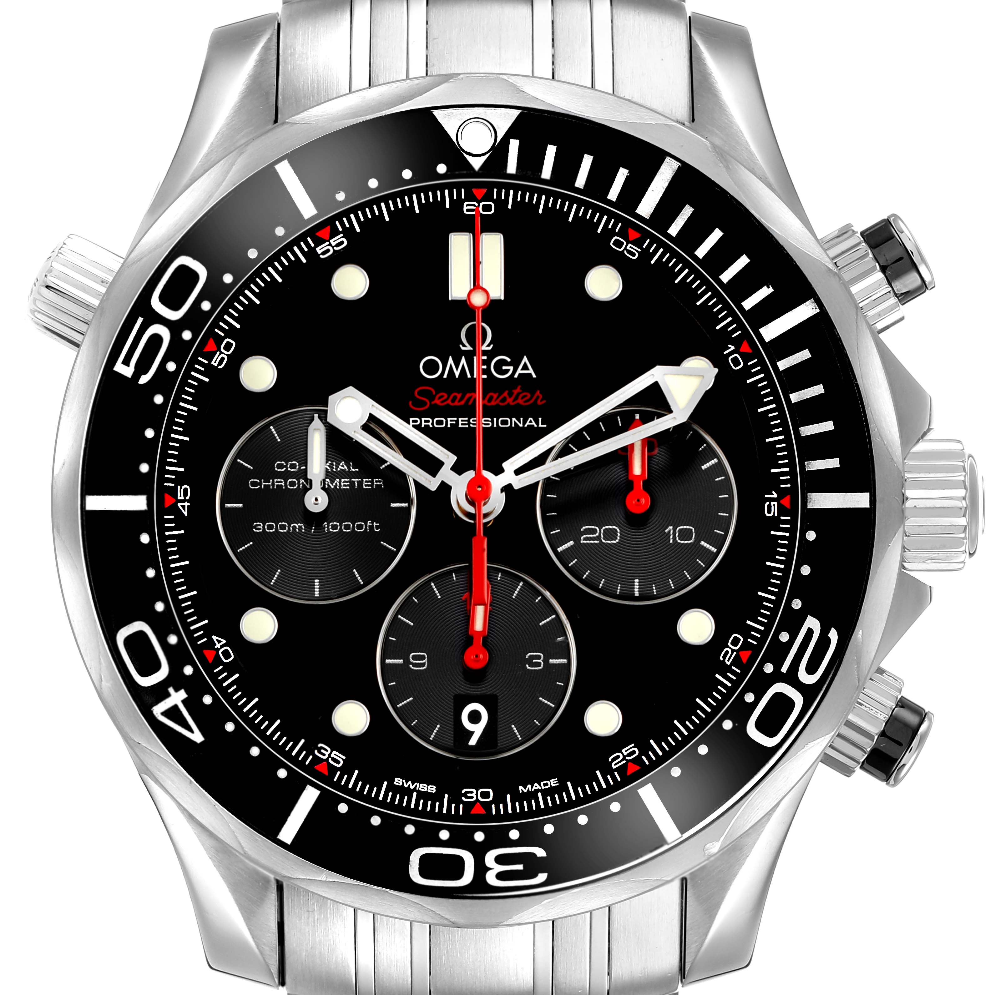 The Omega Seamaster 212.30.44.50.01.001 Men's Stainless Steel Black Dial watch is shown from a front angle, displaying the dial, bezel, and crown details.