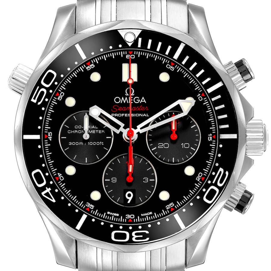 The Omega Seamaster 212.30.44.50.01.001 Men's Stainless Steel Black Dial watch is shown from a front angle, displaying the dial, bezel, and crown details.