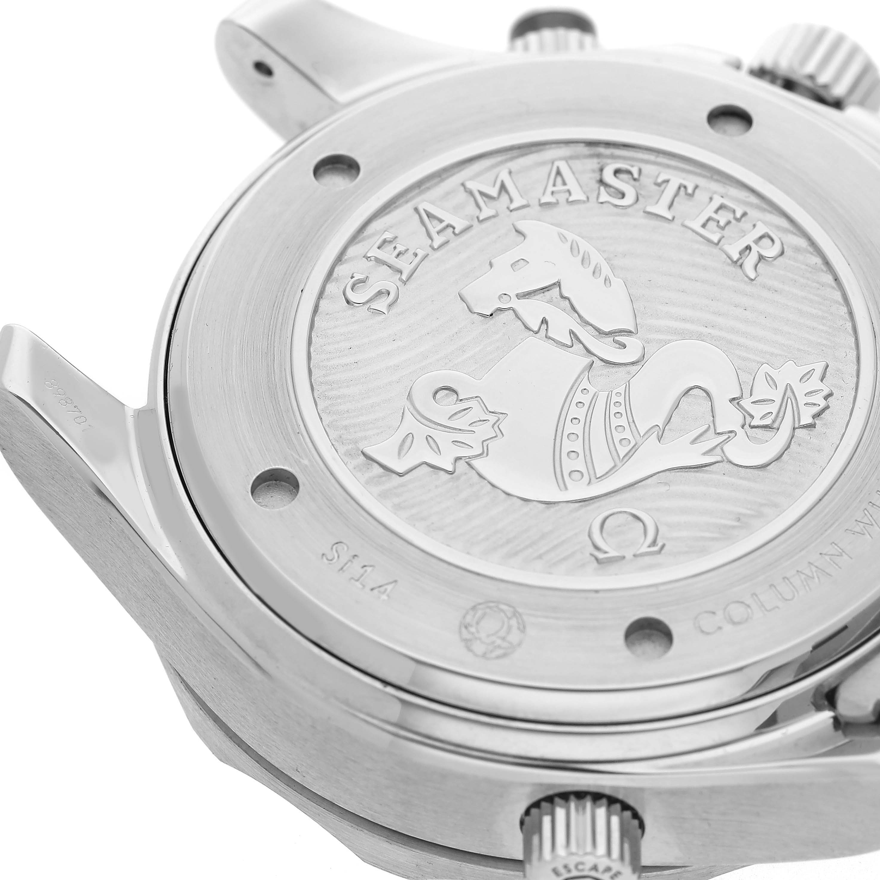 The image shows the back case of an Omega Seamaster 212.30.44.50.01.001 Men's Stainless Steel Black Dial watch, highlighting its embossed design and branding details.