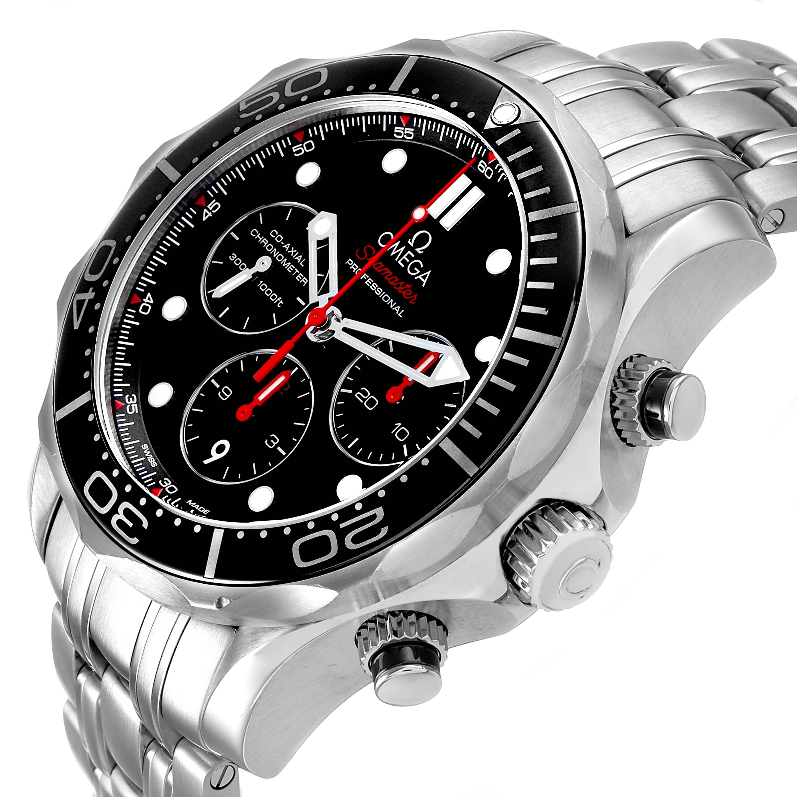 The Omega Seamaster 212.30.44.50.01.001 Men's Stainless Steel Black Dial model is shown at an angled side view, highlighting the bezel, dial, chronograph subdials, and stainless steel bracelet.
