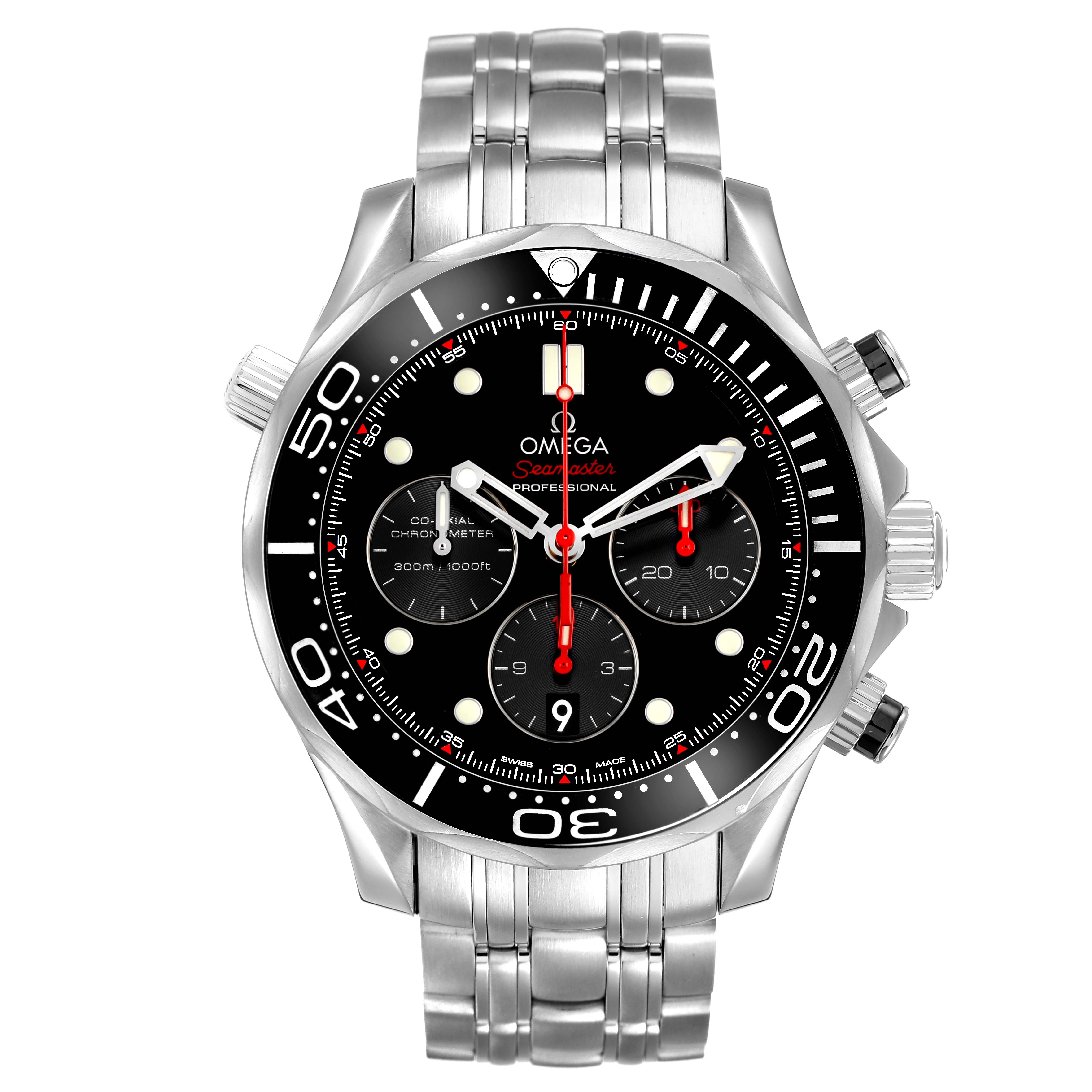 The Omega Seamaster 212.30.44.50.01.001 Men's Stainless Steel Black Dial watch is shown from a front angle, displaying its bezel, dial, subdials, crown, and bracelet.