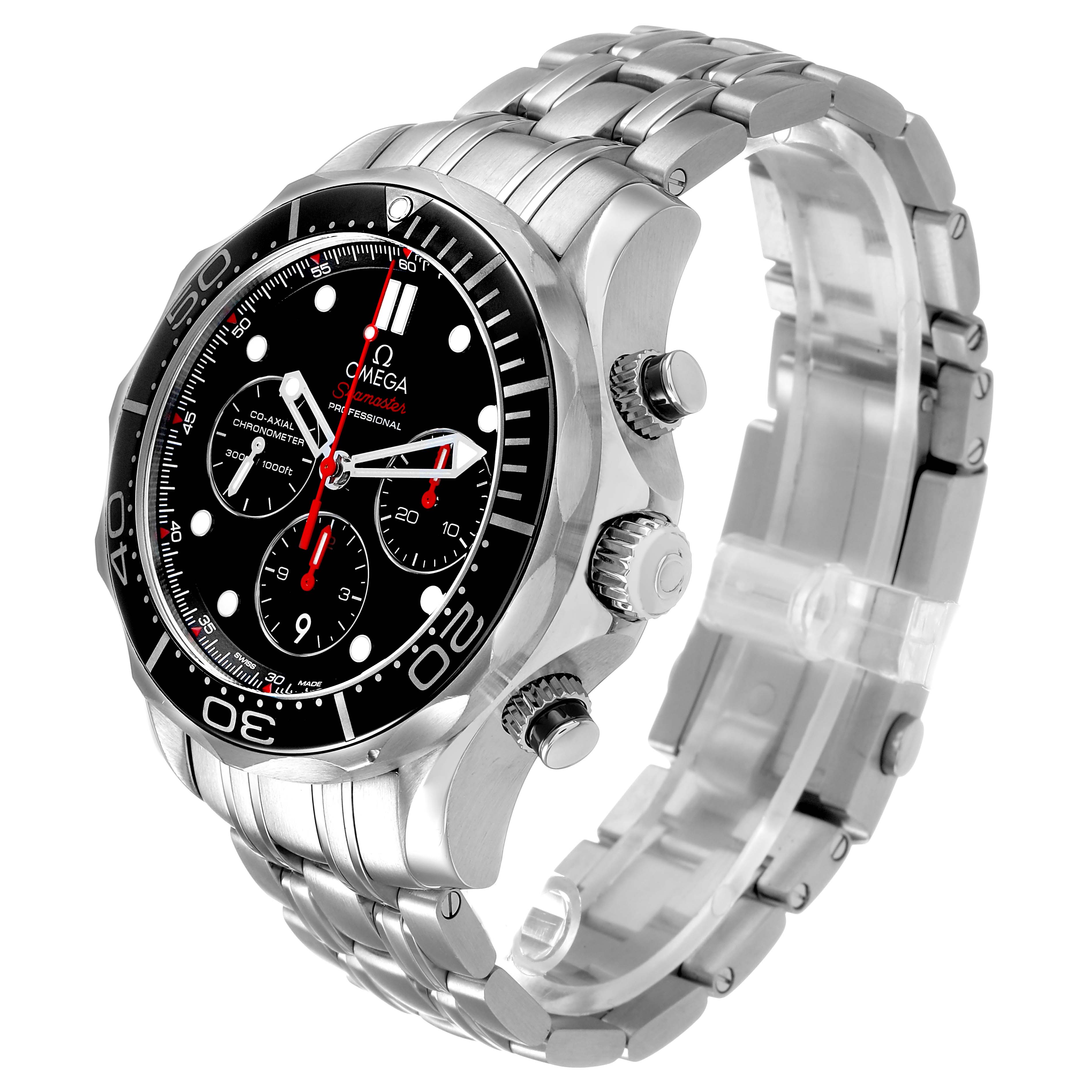 The Omega Seamaster 212.30.44.50.01.001 Men's Stainless Steel Black Dial watch is shown at a three-quarter angle, displaying the dial, bezel, crown, and metal bracelet.