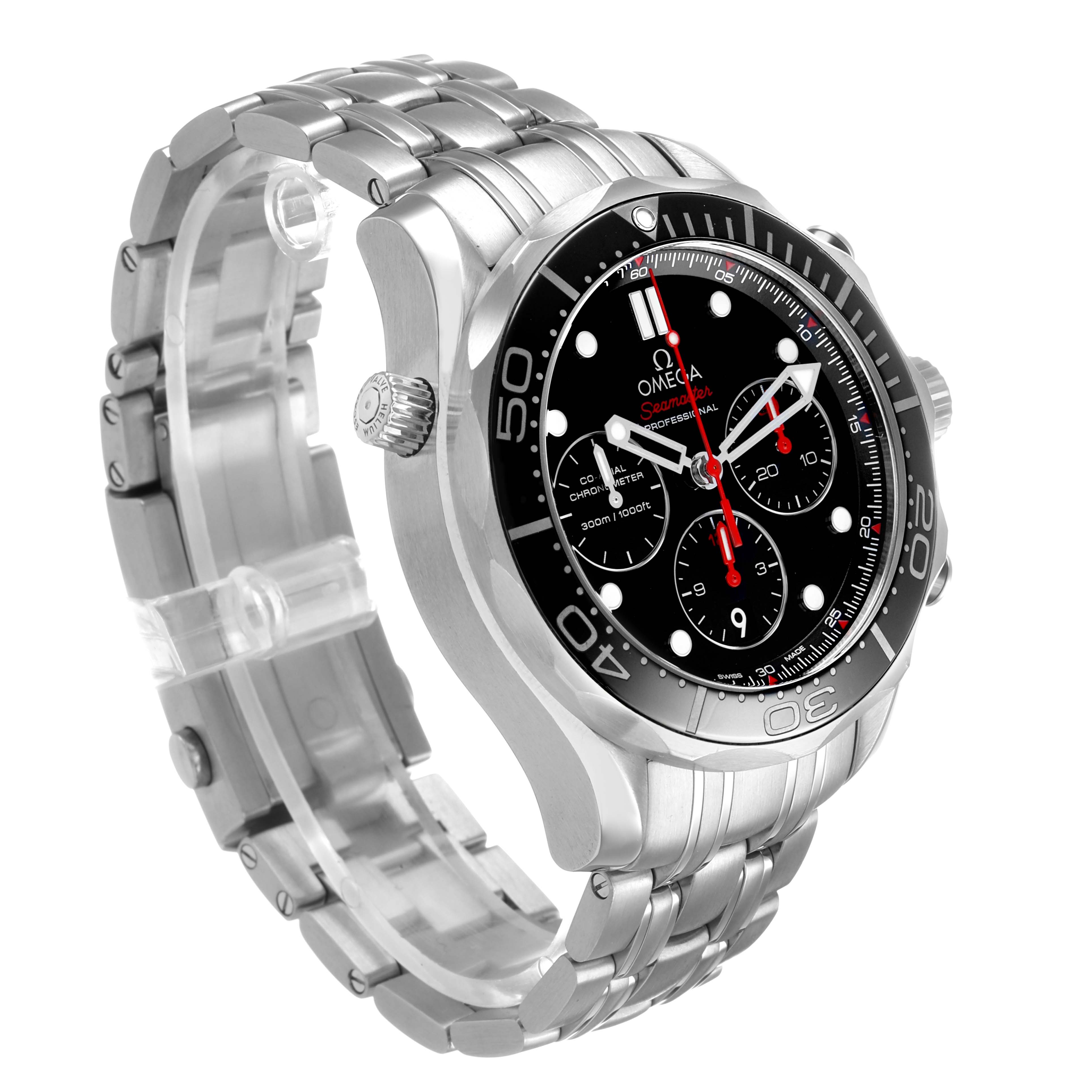 The Omega Seamaster 212.30.44.50.01.001 Men's Stainless Steel Black Dial watch is shown at a three-quarter angle, displaying the face, bezel, crown, and bracelet.