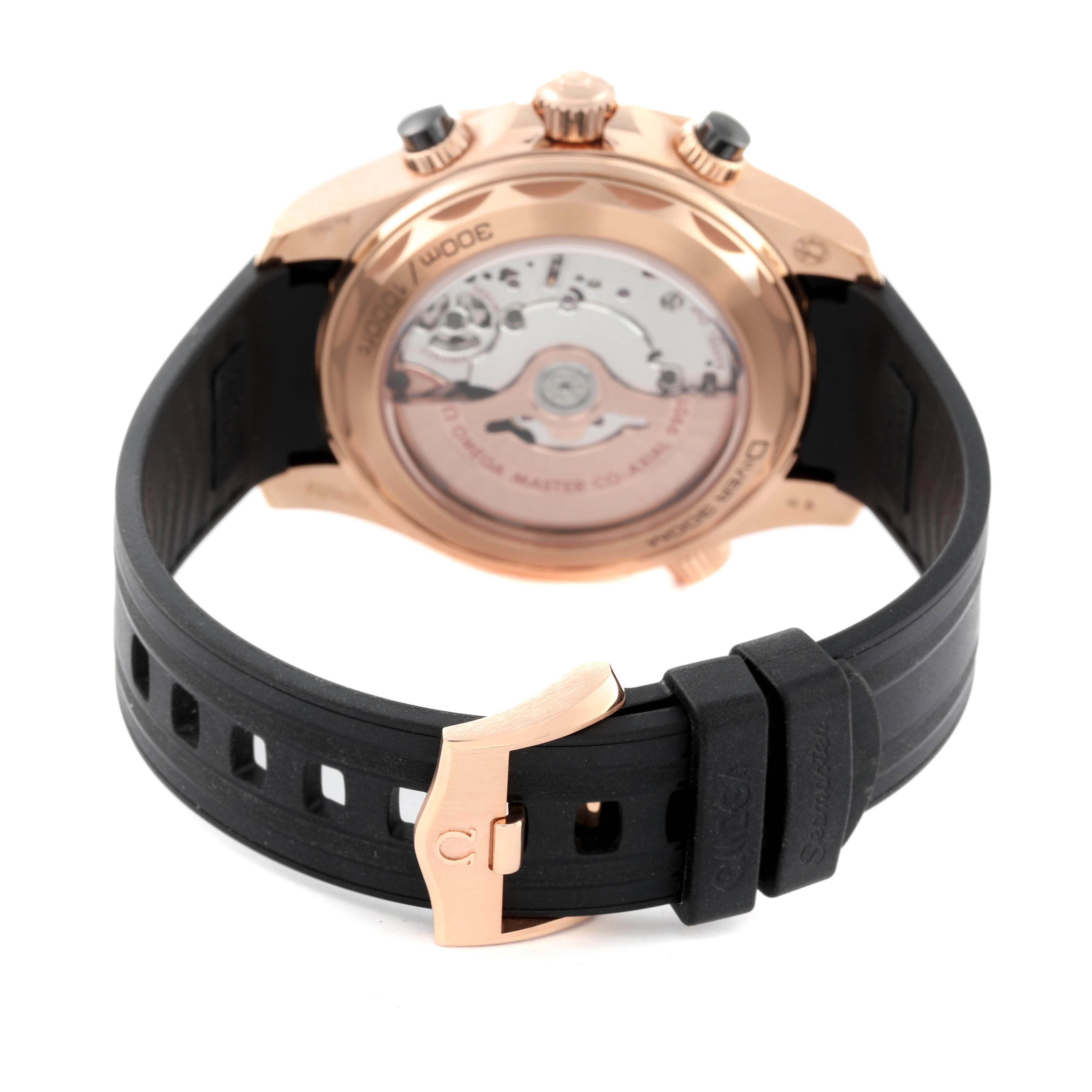 The image shows the back view of an Omega Seamaster 210.62.44.51.01.003 Men's Rose Gold Black Dial 210.62.44.51.01.003 Men's Rose Gold Black Dial watch, highlighting its transparent case back and black strap with a buckle.