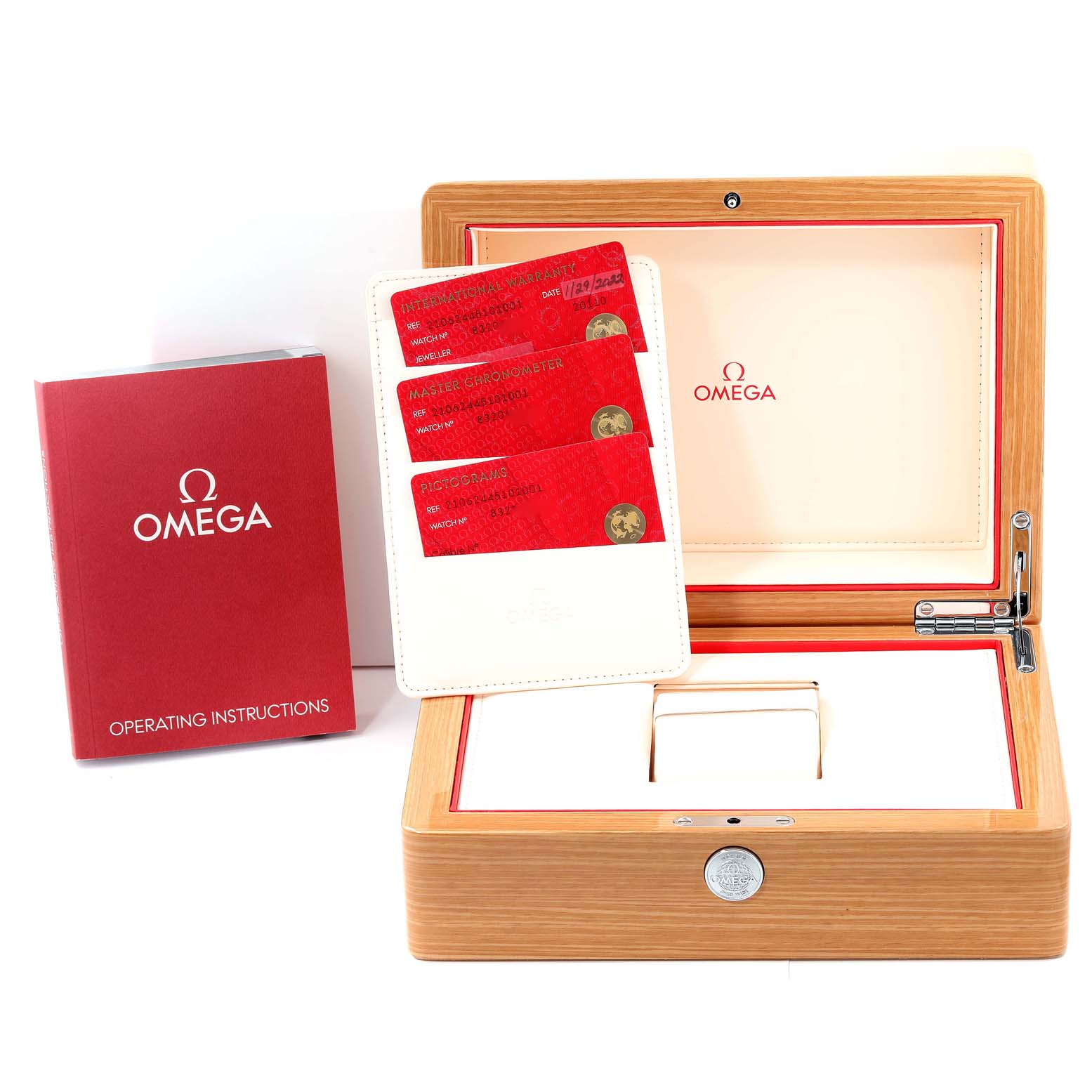 The image shows an Omega Seamaster 210.62.44.51.01.003 Men's Rose Gold Black Dial 210.62.44.51.01.003 Men's Rose Gold Black Dial watch box, warranty cards, and an operating instructions booklet from a front angle.