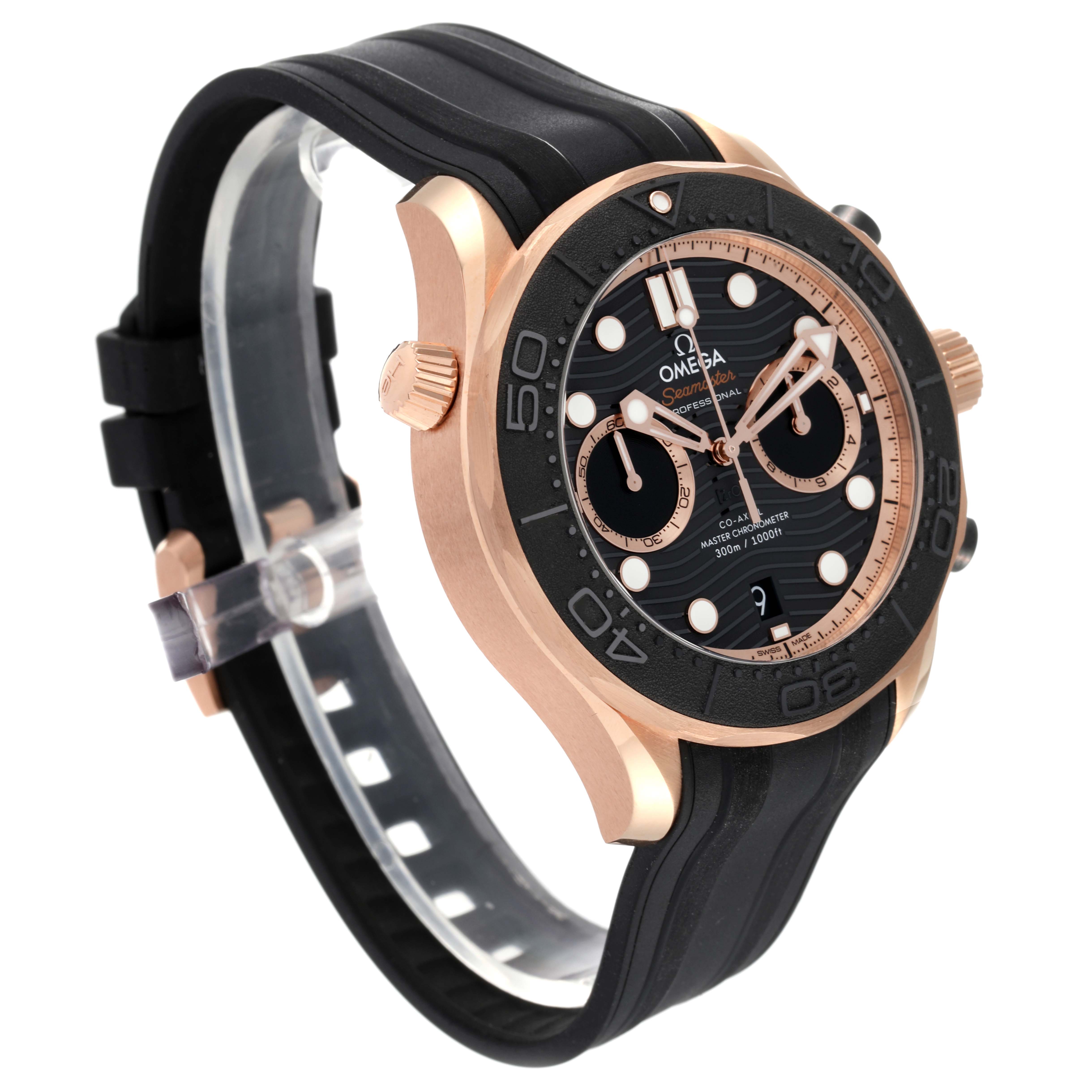 The image showcases an Omega Seamaster 210.62.44.51.01.003 Men's Rose Gold Black Dial 210.62.44.51.01.003 Men's Rose Gold Black Dial watch angled slightly from the front, highlighting its black dial, rubber strap, and rose gold case.