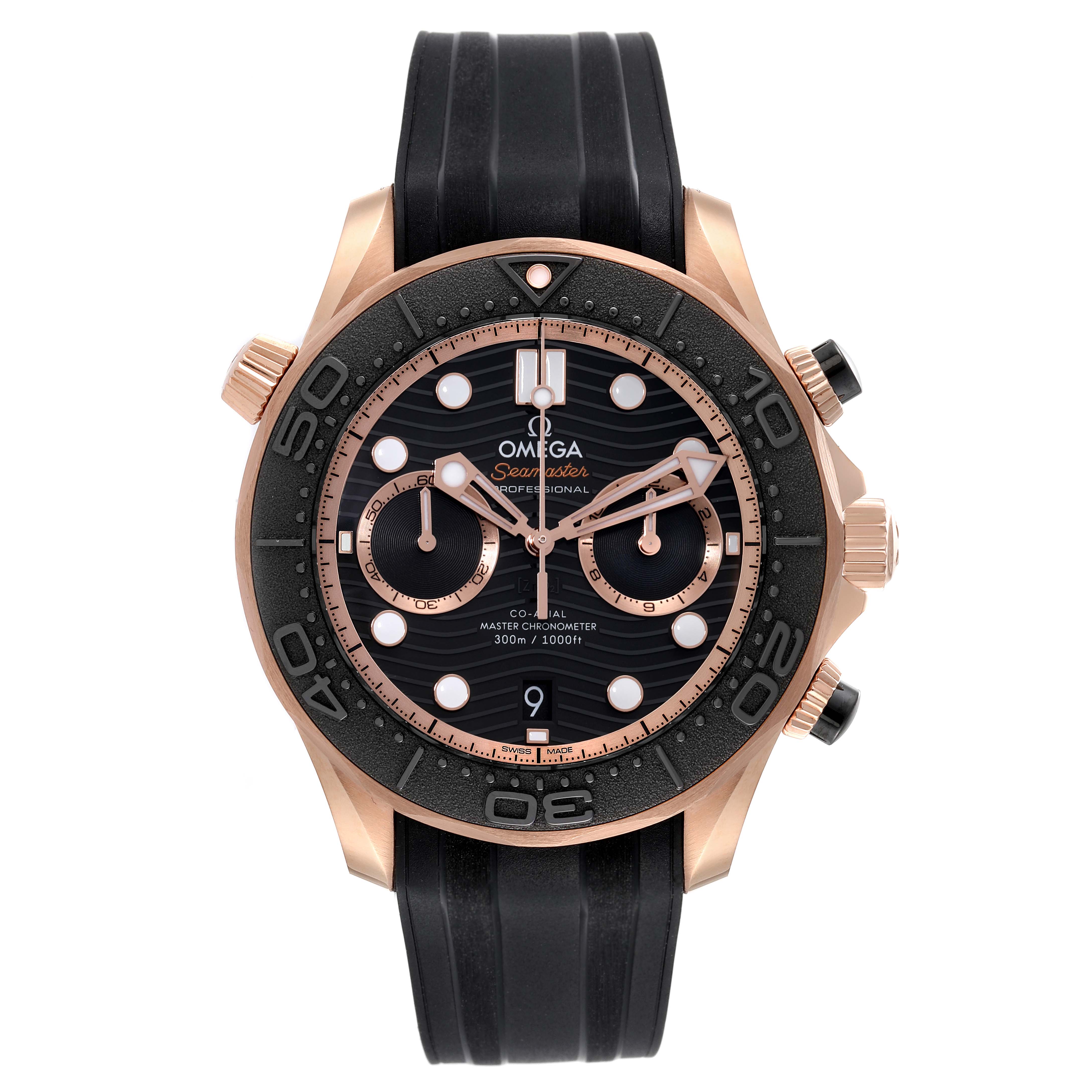 This image shows the front view of an Omega Seamaster 210.62.44.51.01.003 Men's Rose Gold Black Dial 210.62.44.51.01.003 Men's Rose Gold Black Dial watch with a black rubber strap and a gold tone case.