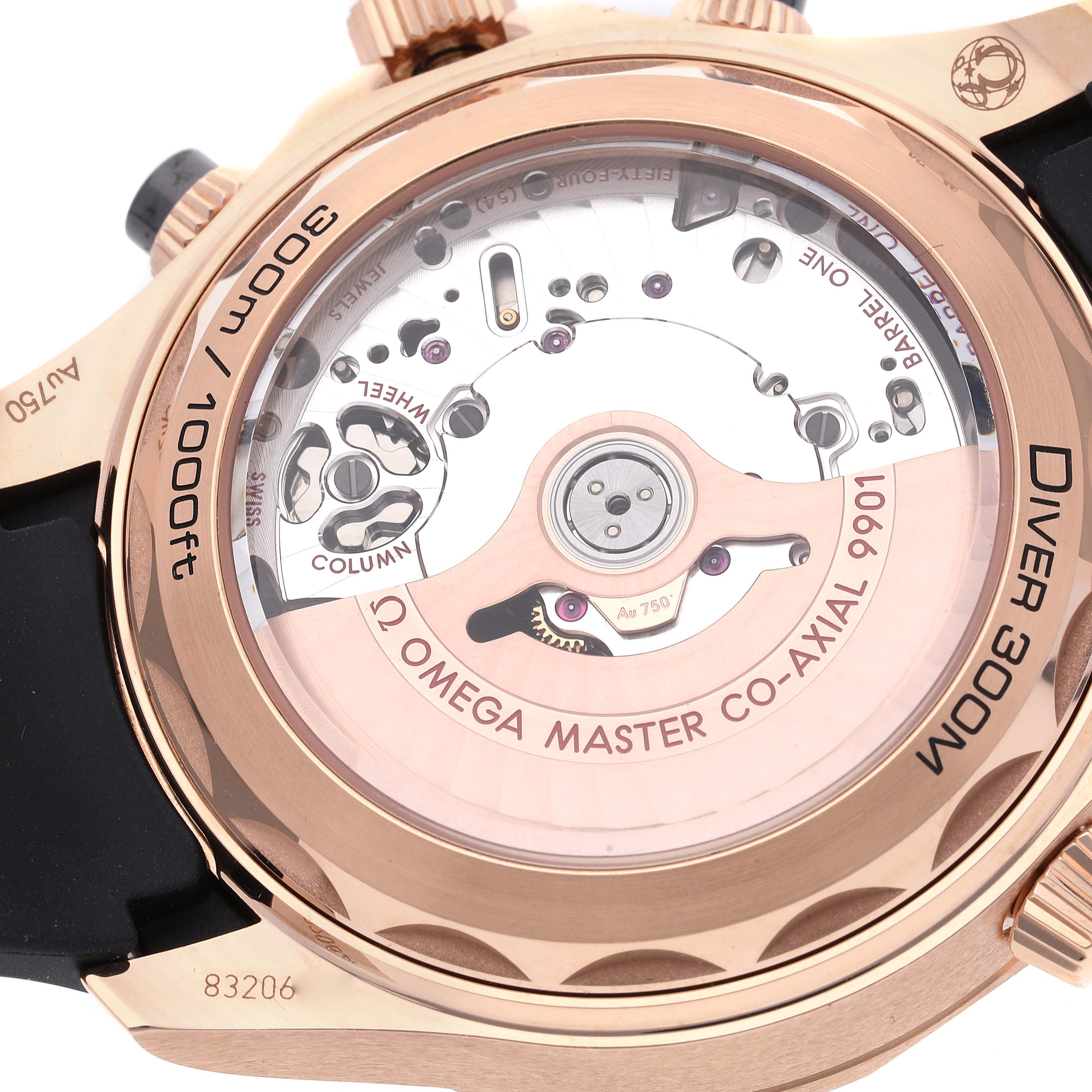 The image shows the back view of the Omega Seamaster 210.62.44.51.01.003 Men's Rose Gold Black Dial 210.62.44.51.01.003 Men's Rose Gold Black Dial's case, including its intricate movement and mechanical parts.