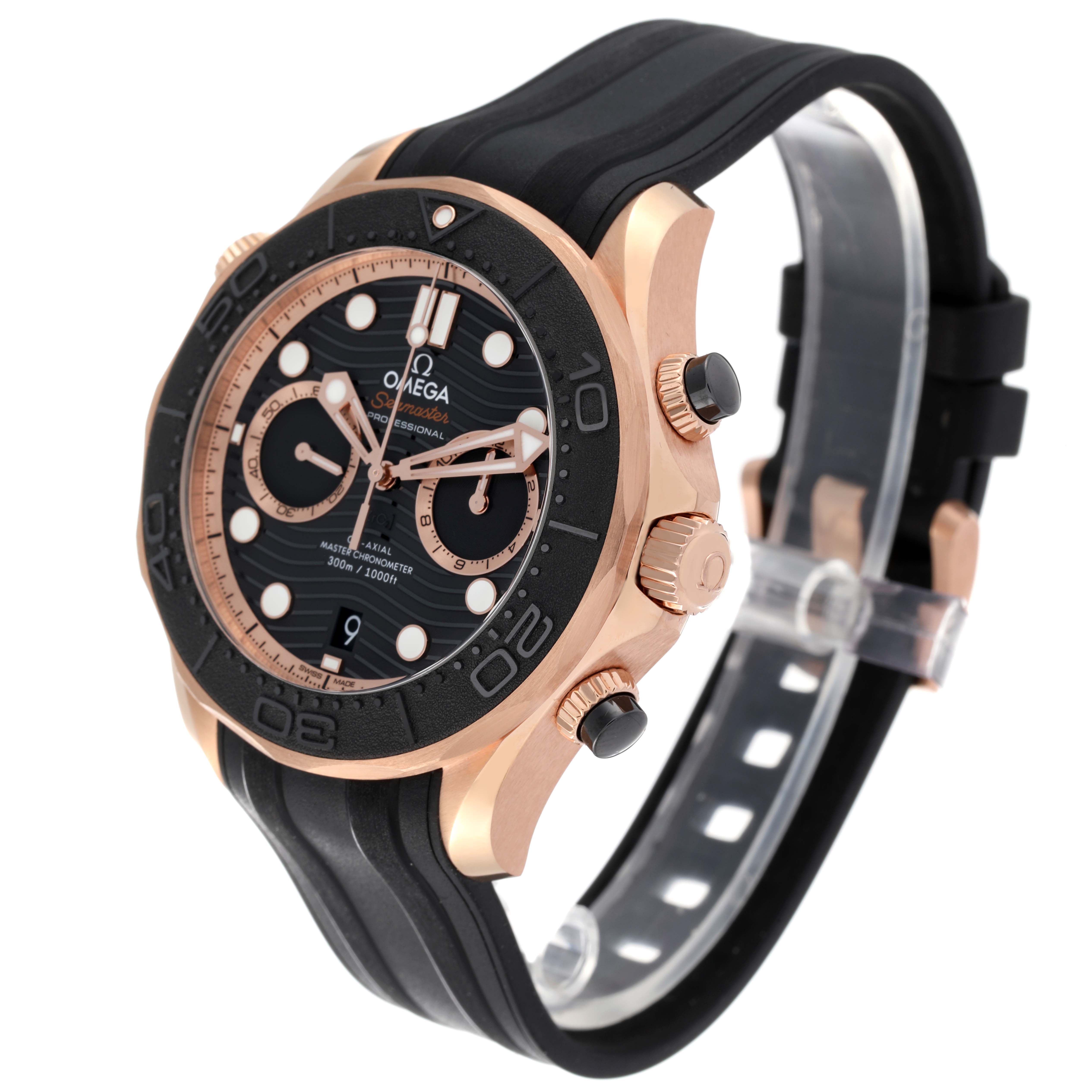 The Omega Seamaster 210.62.44.51.01.003 Men's Rose Gold Black Dial 210.62.44.51.01.003 Men's Rose Gold Black Dial watch is shown at an angle highlighting its gold case, black bezel, black dial, and black rubber strap.