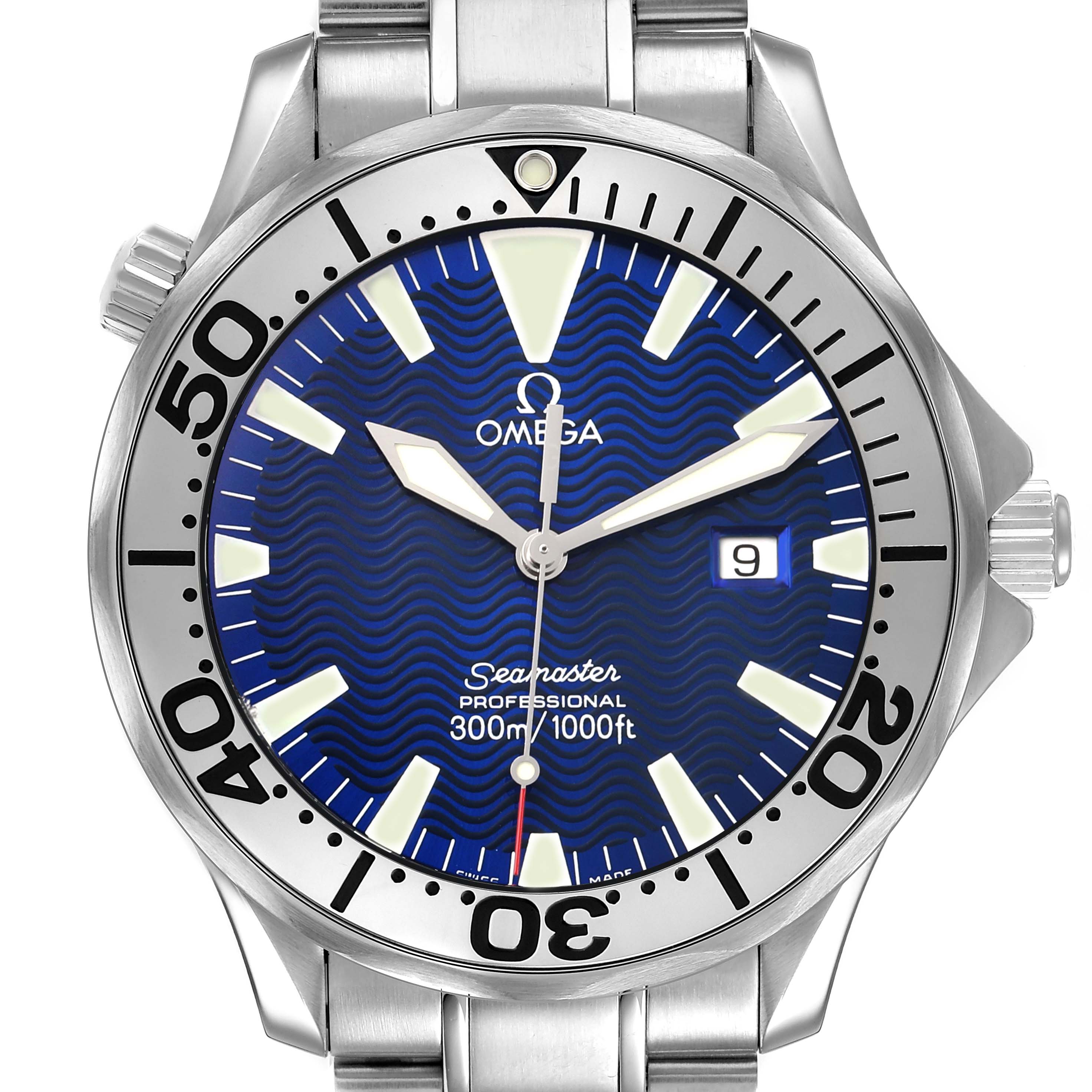 The Omega Seamaster 2265.80.00 Men's Stainless Steel Blue Dial watch is shown from a front angle, displaying the dial, bezel, and part of the bracelet.