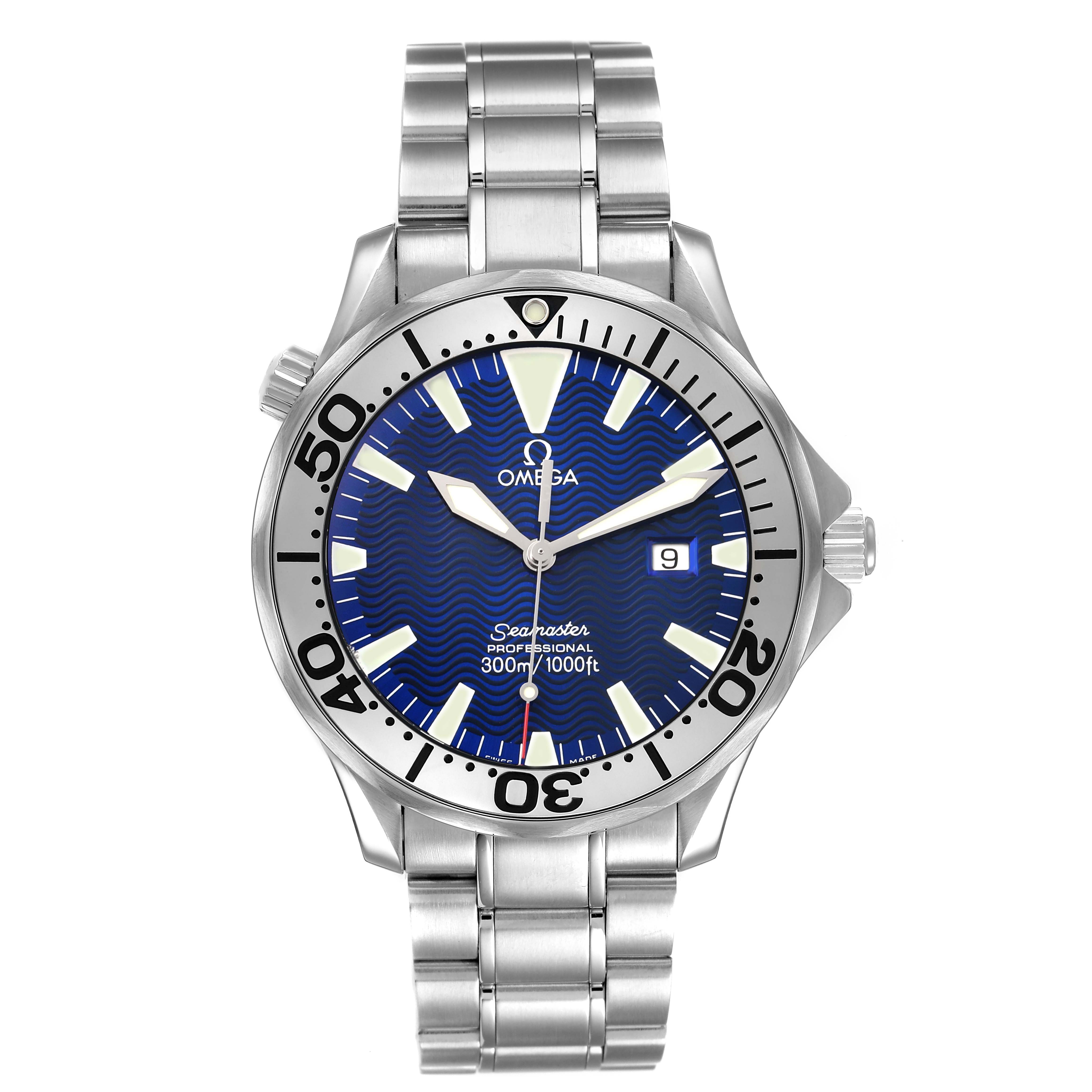 This Omega Seamaster 2265.80.00 Men's Stainless Steel Blue Dial watch is shown from a front view, highlighting its face, bezel, and bracelet.