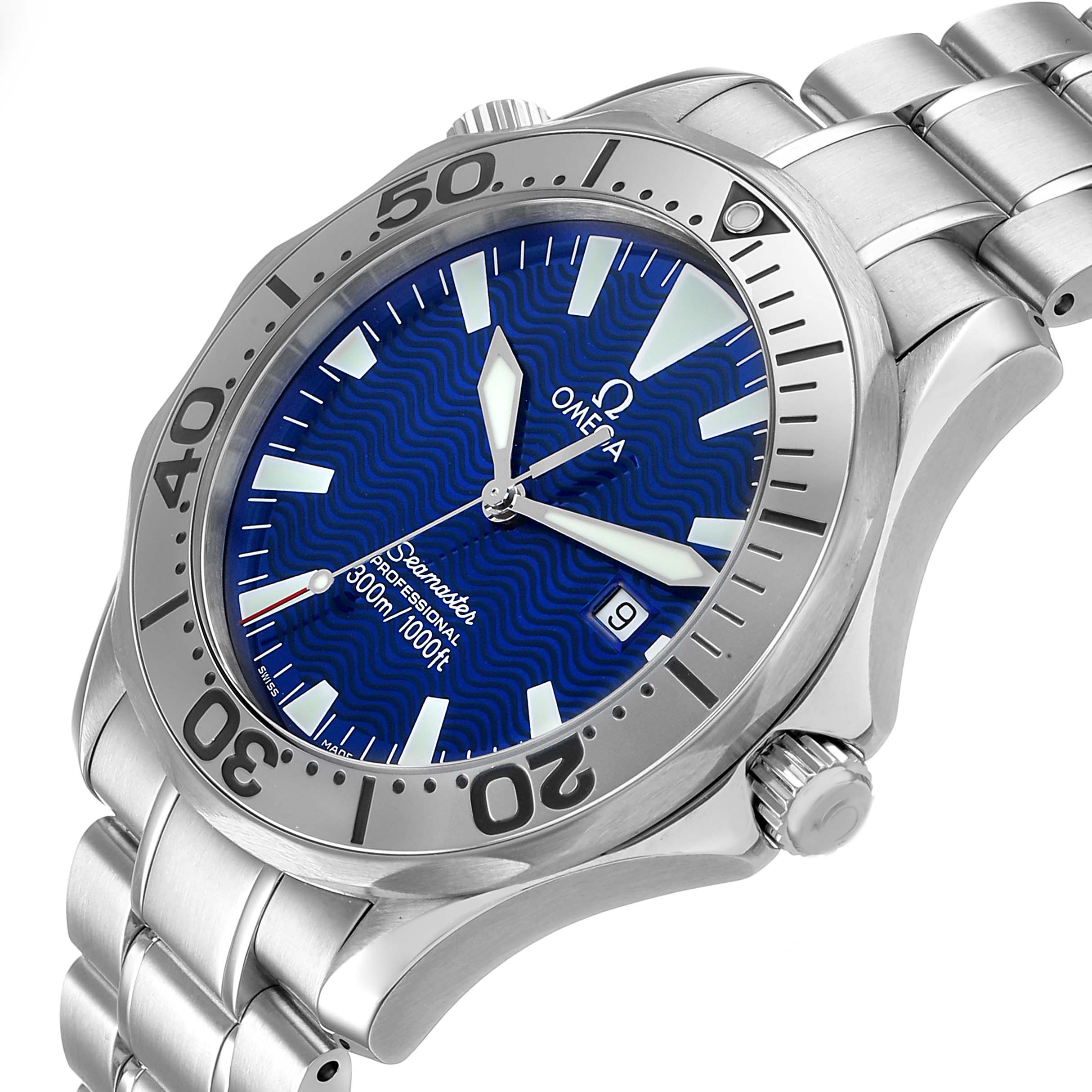 The Omega Seamaster 2265.80.00 Men's Stainless Steel Blue Dial watch is shown at a slightly angled side view, highlighting the dial, crown, and bracelet.
