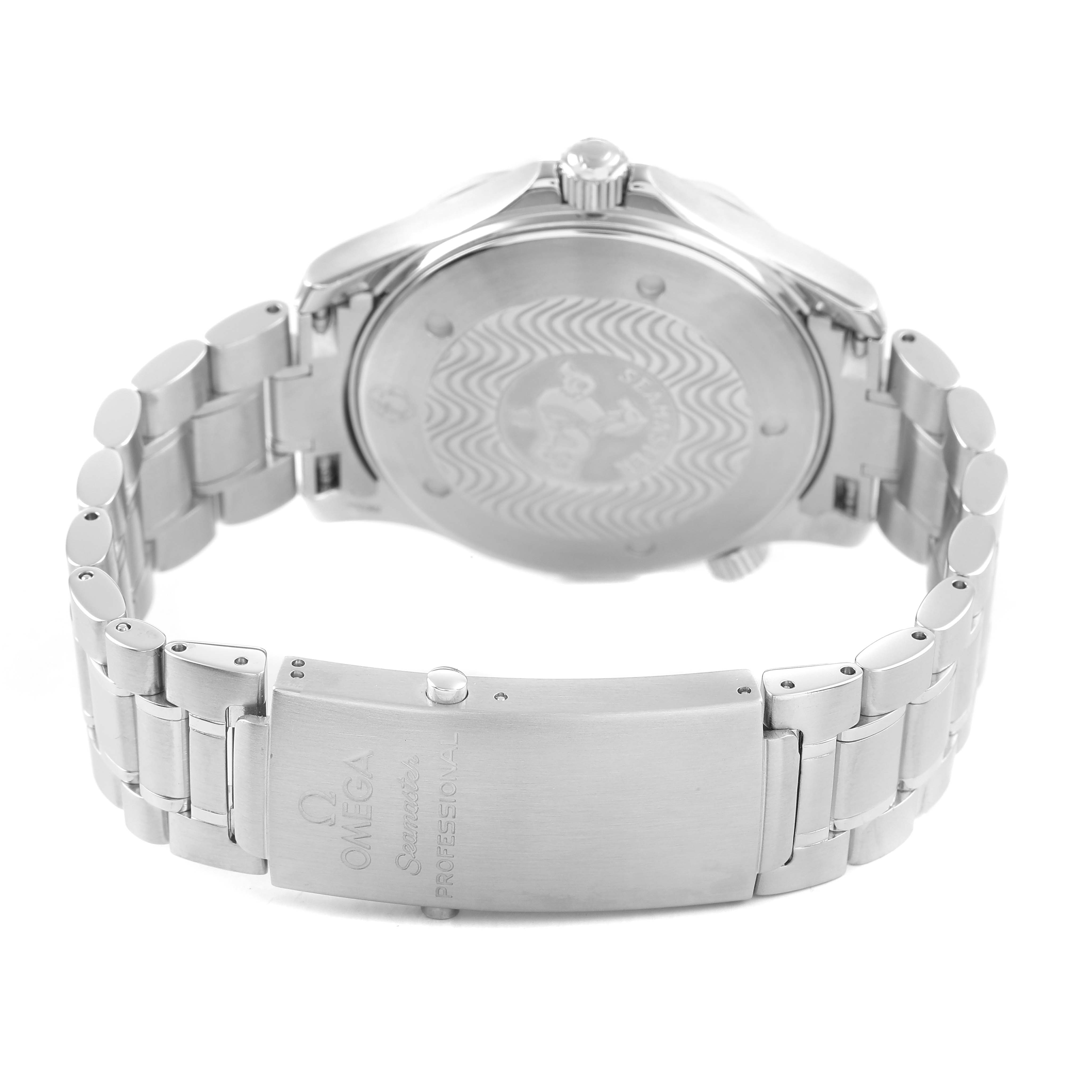 The image shows the back of the Omega Seamaster 2265.80.00 Men's Stainless Steel Blue Dial watch and its clasp, highlighting the engraved details on the bracelet and case back.