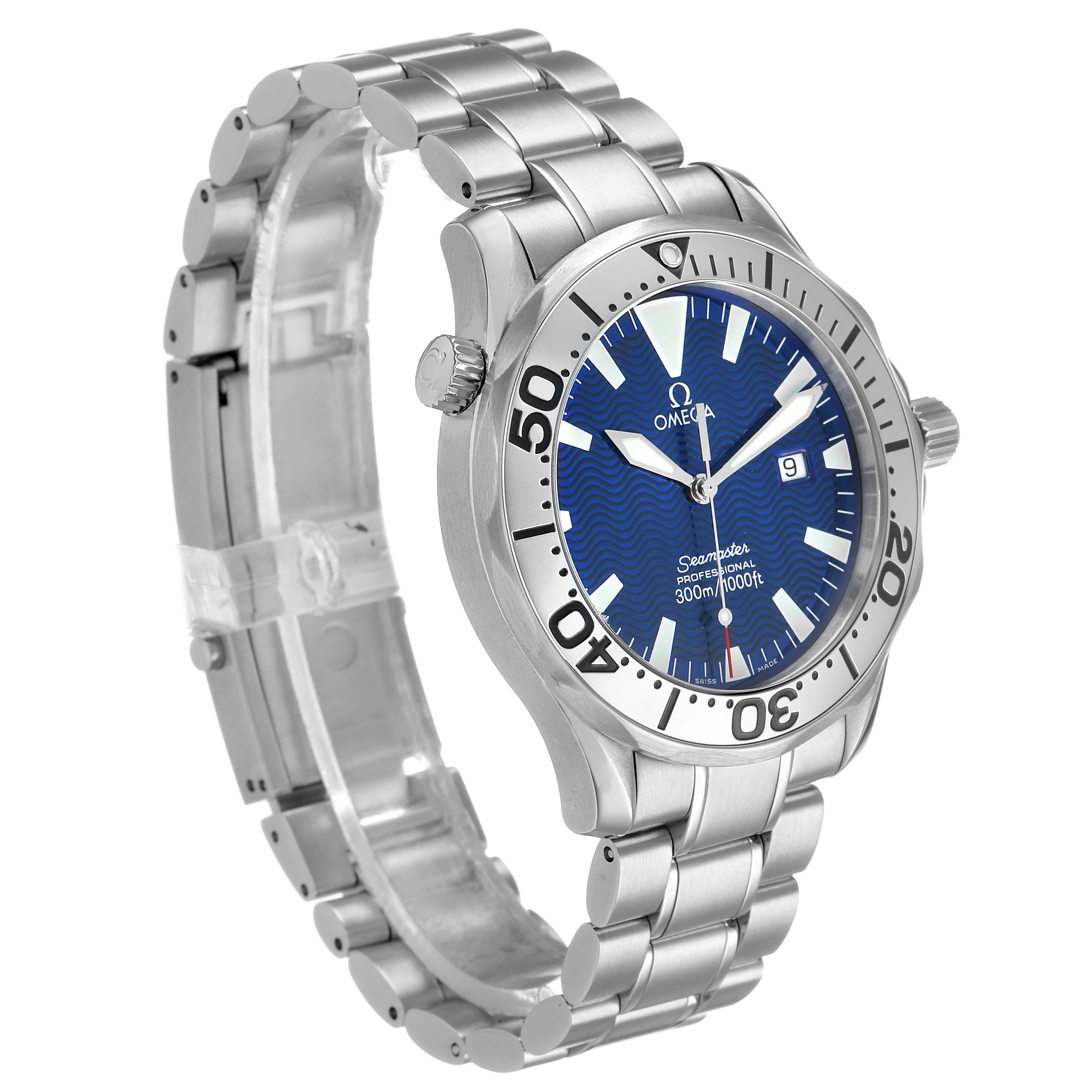 The Omega Seamaster 2265.80.00 Men's Stainless Steel Blue Dial watch is shown at a three-quarter angle, highlighting the face, bezel, bracelet, and clasp.