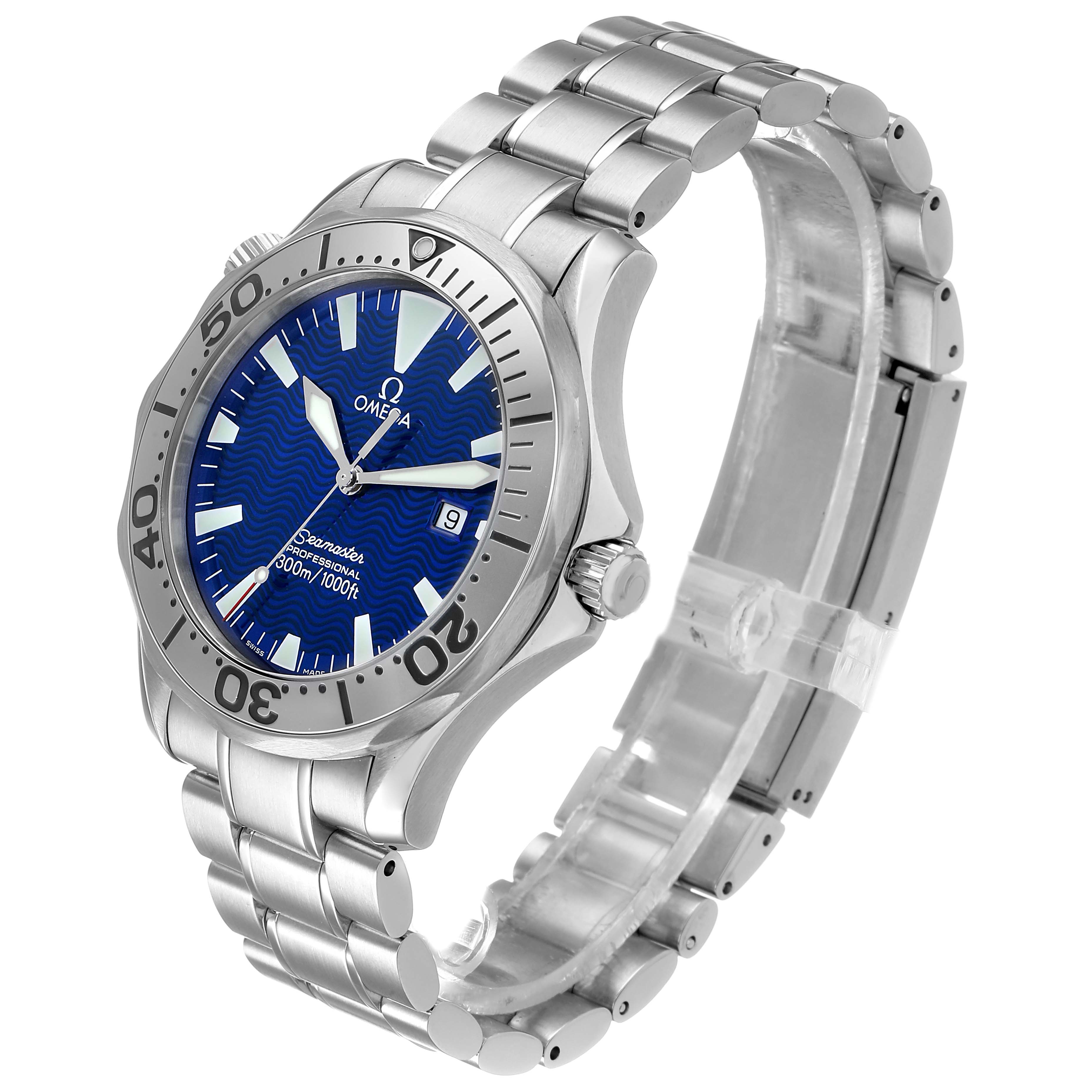 The Omega Seamaster 2265.80.00 Men's Stainless Steel Blue Dial watch is shown at a three-quarter angle, highlighting the dial, bezel, crown, and stainless steel bracelet.