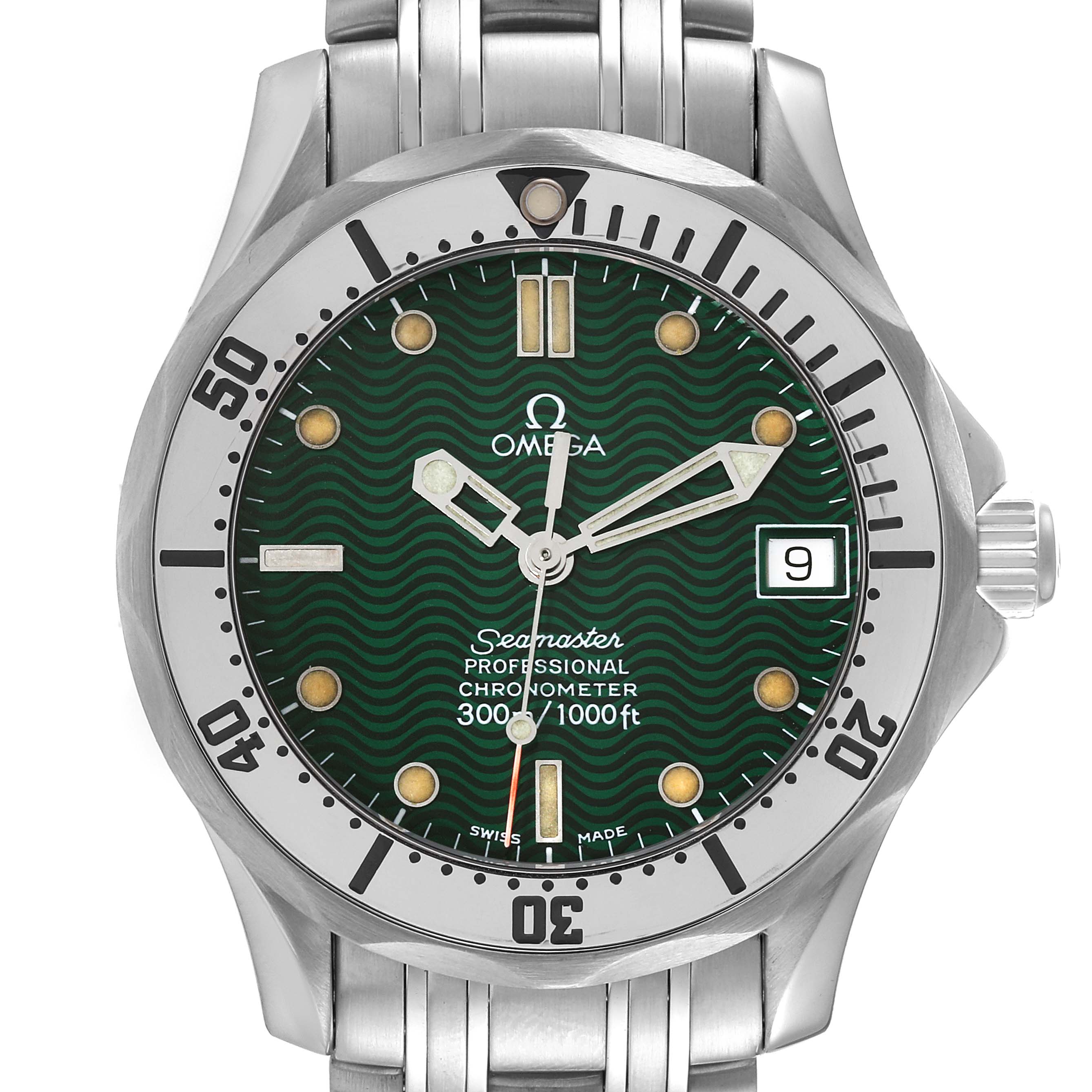 The image shows a front view of an Omega Seamaster 2553.41.00 Men's Stainless Steel Green Dial 2553.41.00 Men's Stainless Steel Green Dial watch, highlighting its face, bezel, and bracelet.