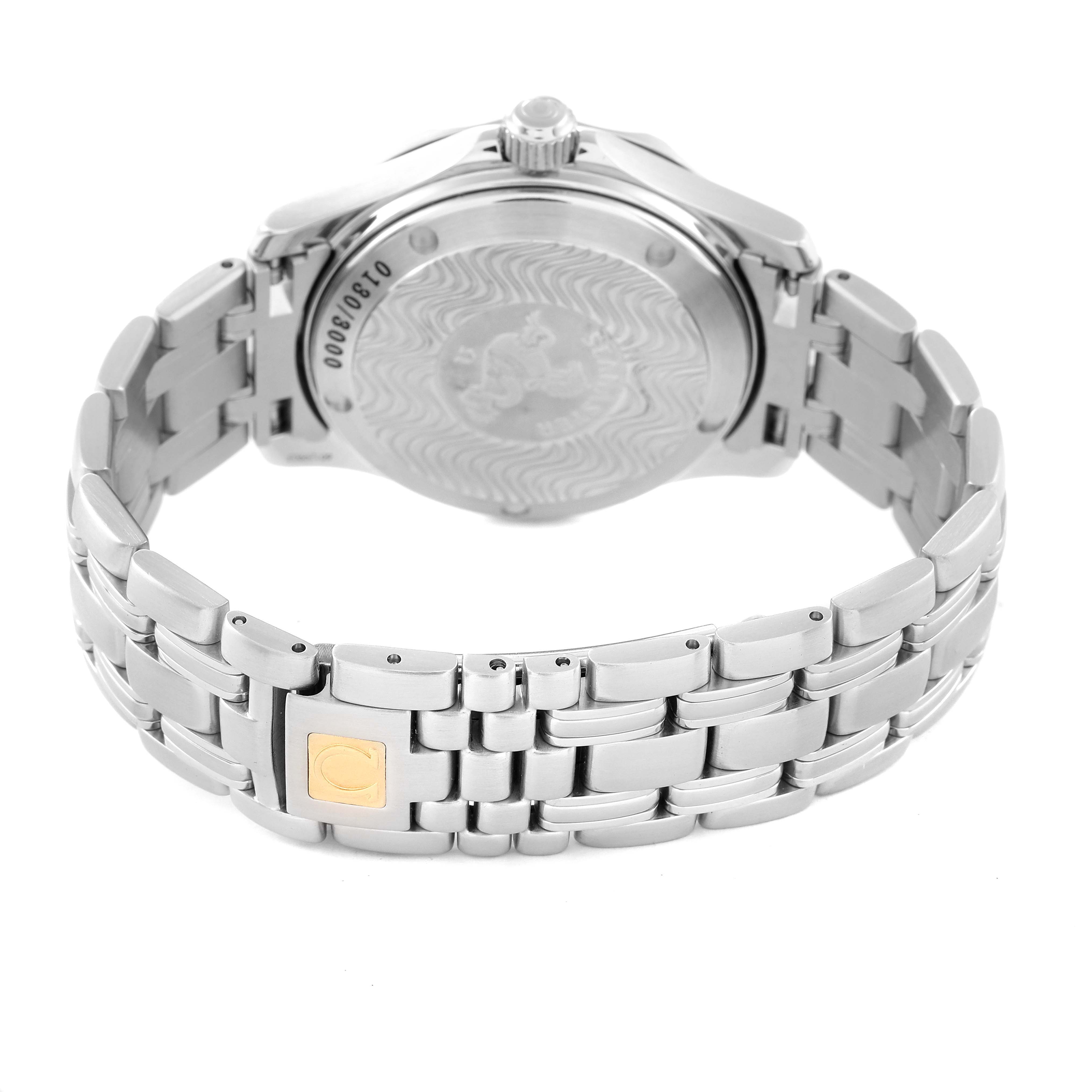 This image shows the back case and bracelet of an Omega Seamaster 2553.41.00 Men's Stainless Steel Green Dial 2553.41.00 Men's Stainless Steel Green Dial watch, with the clasp clearly visible.