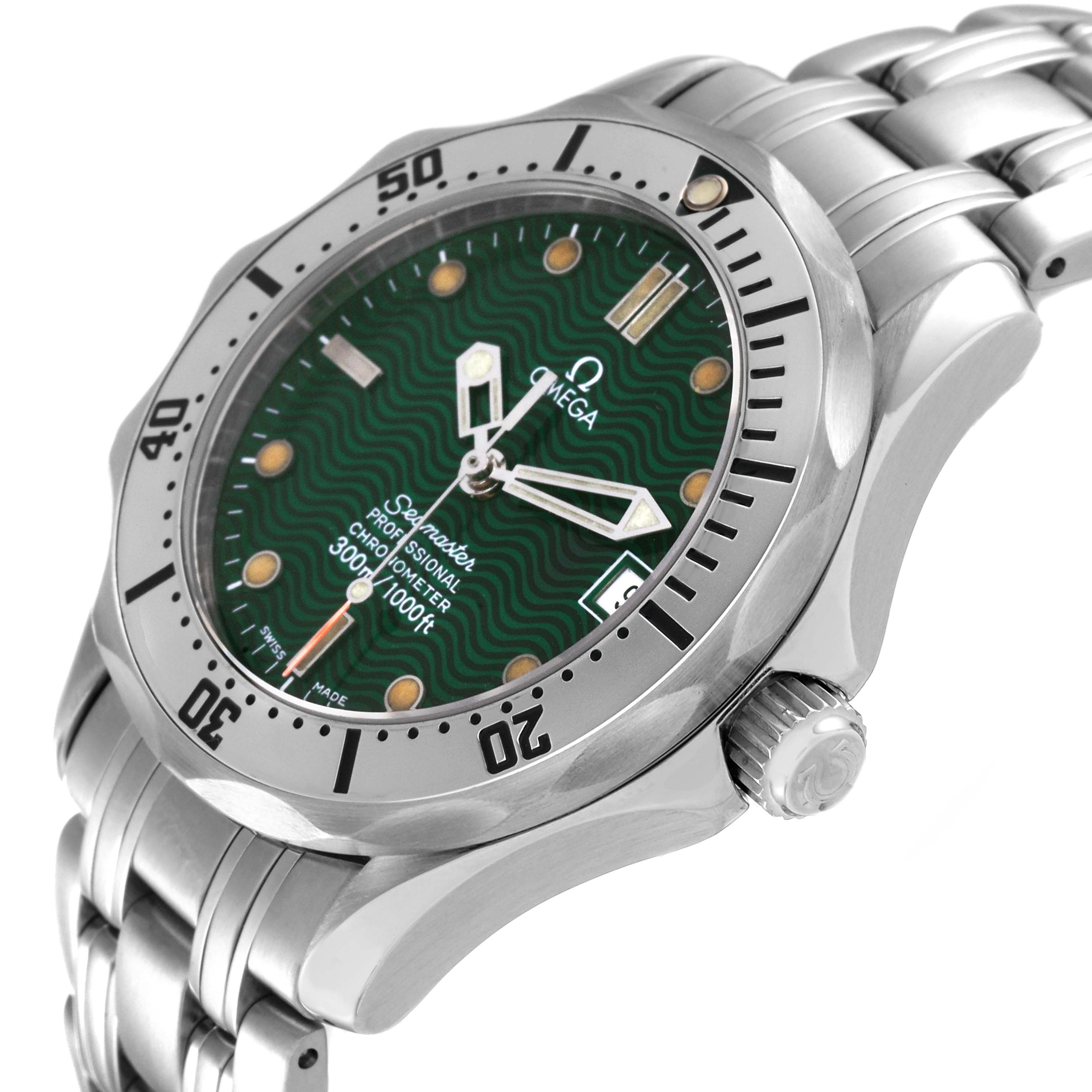 The image shows an angled view of an Omega Seamaster 2553.41.00 Men's Stainless Steel Green Dial 2553.41.00 Men's Stainless Steel Green Dial watch, highlighting the green dial, bezel, crown, and metal bracelet.