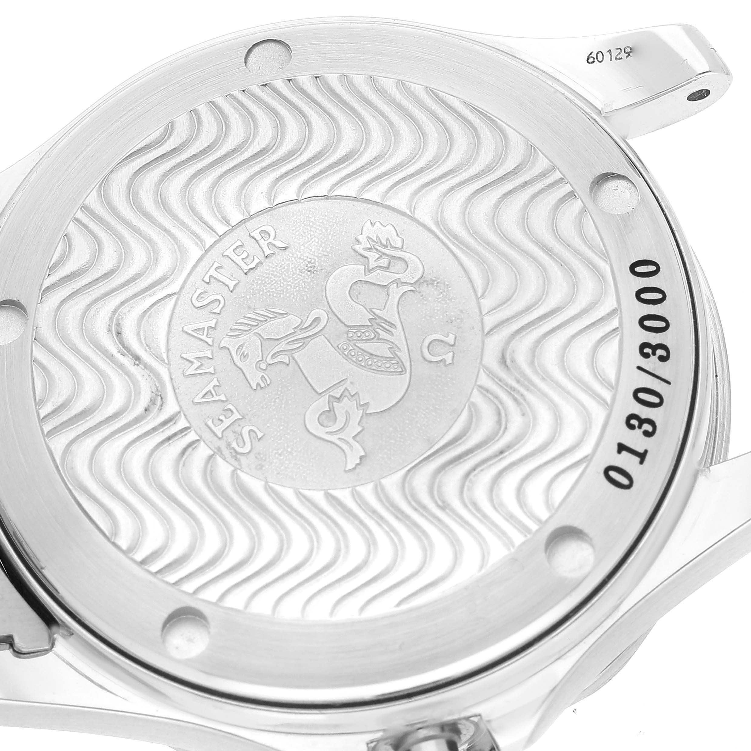 This image shows the case back of an Omega Seamaster 2553.41.00 Men's Stainless Steel Green Dial 2553.41.00 Men's Stainless Steel Green Dial watch with its signature wave pattern and engraved logo.