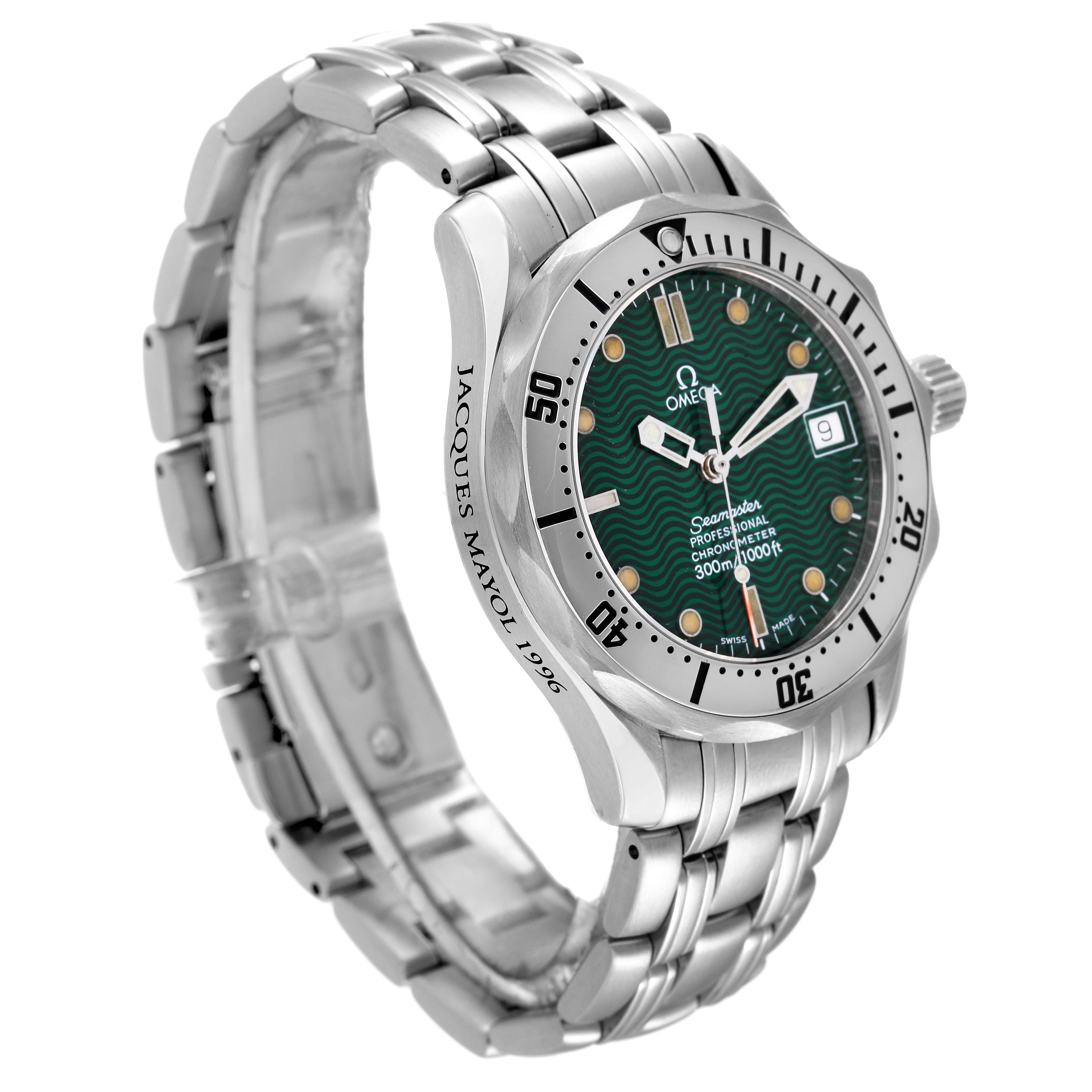 This image shows an angled view of an Omega Seamaster 2553.41.00 Men's Stainless Steel Green Dial 2553.41.00 Men's Stainless Steel Green Dial watch, highlighting the face, bezel, and metal bracelet.