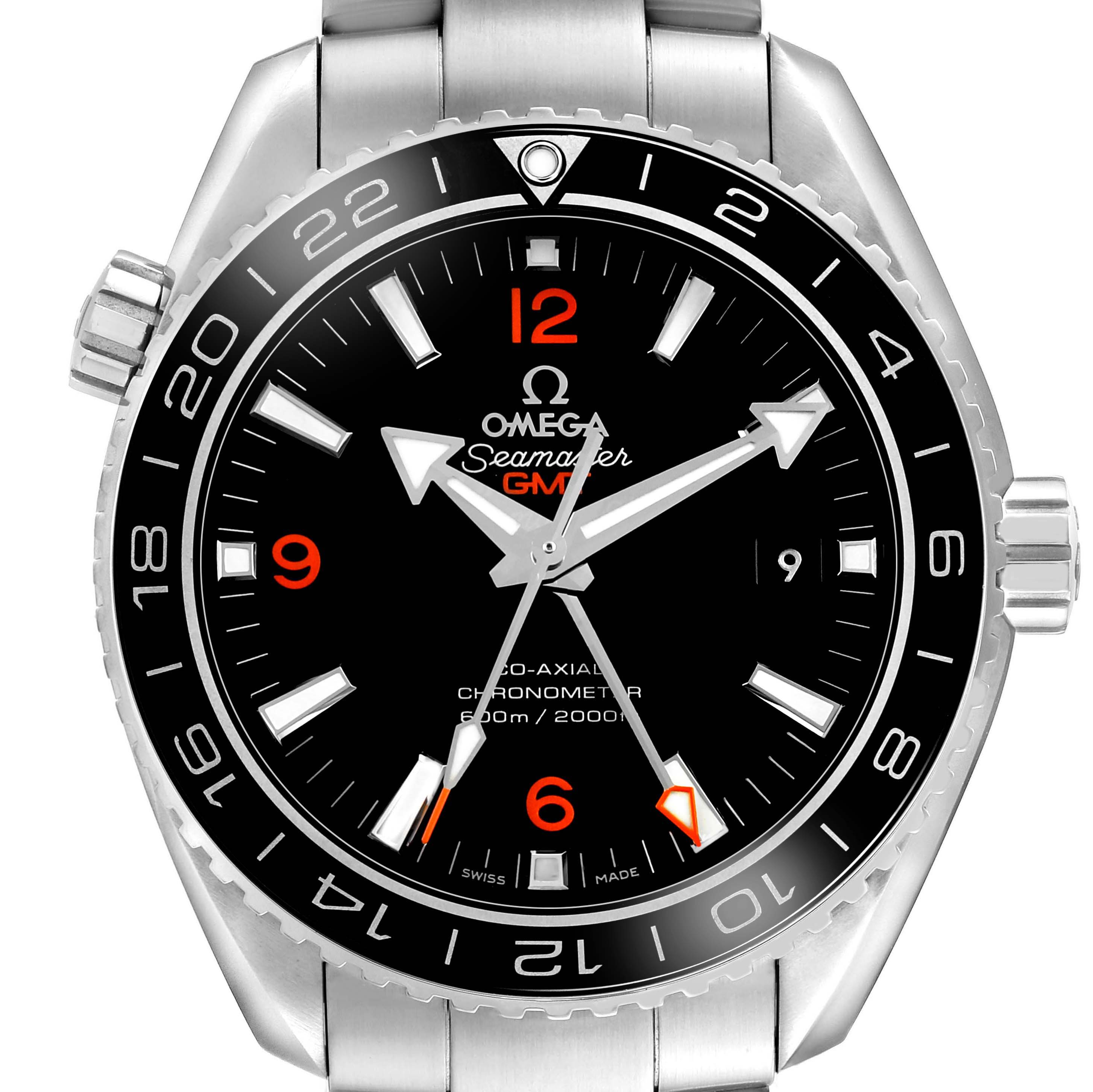 The Omega Planet Ocean 232.30.44.22.01.002 Men's Stainless Steel Black Dial watch is shown from the front, displaying the dial, bezel, and part of the bracelet.