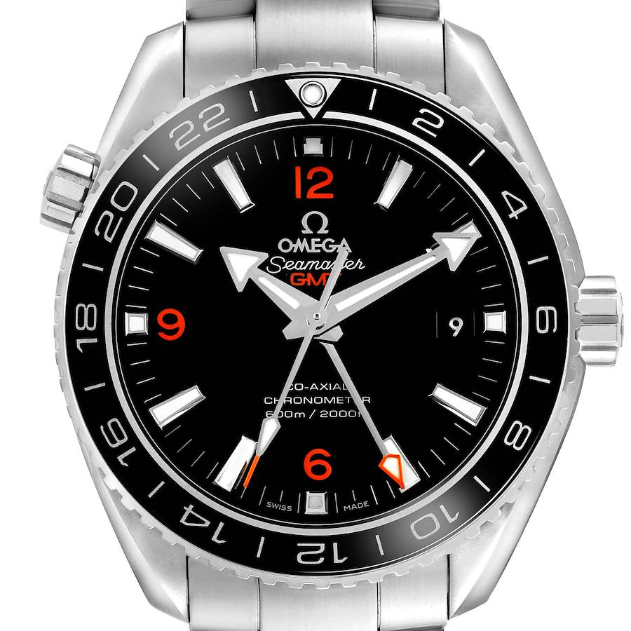 The Omega Planet Ocean 232.30.44.22.01.002 Men's Stainless Steel Black Dial watch is shown from the front, displaying the dial, bezel, and part of the bracelet.