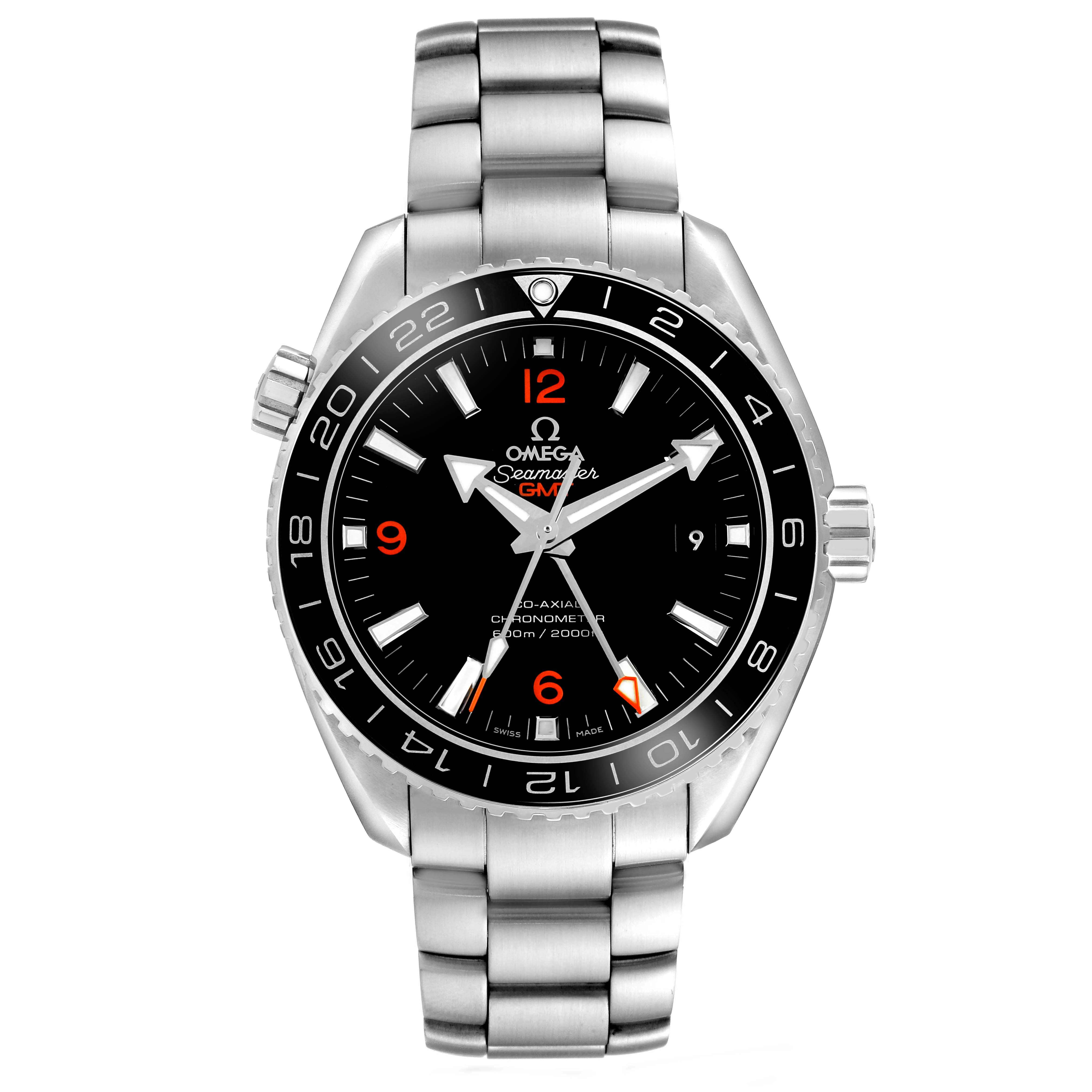 The Omega Planet Ocean 232.30.44.22.01.002 Men's Stainless Steel Black Dial watch is shown from a front angle, displaying the dial and stainless steel bracelet.
