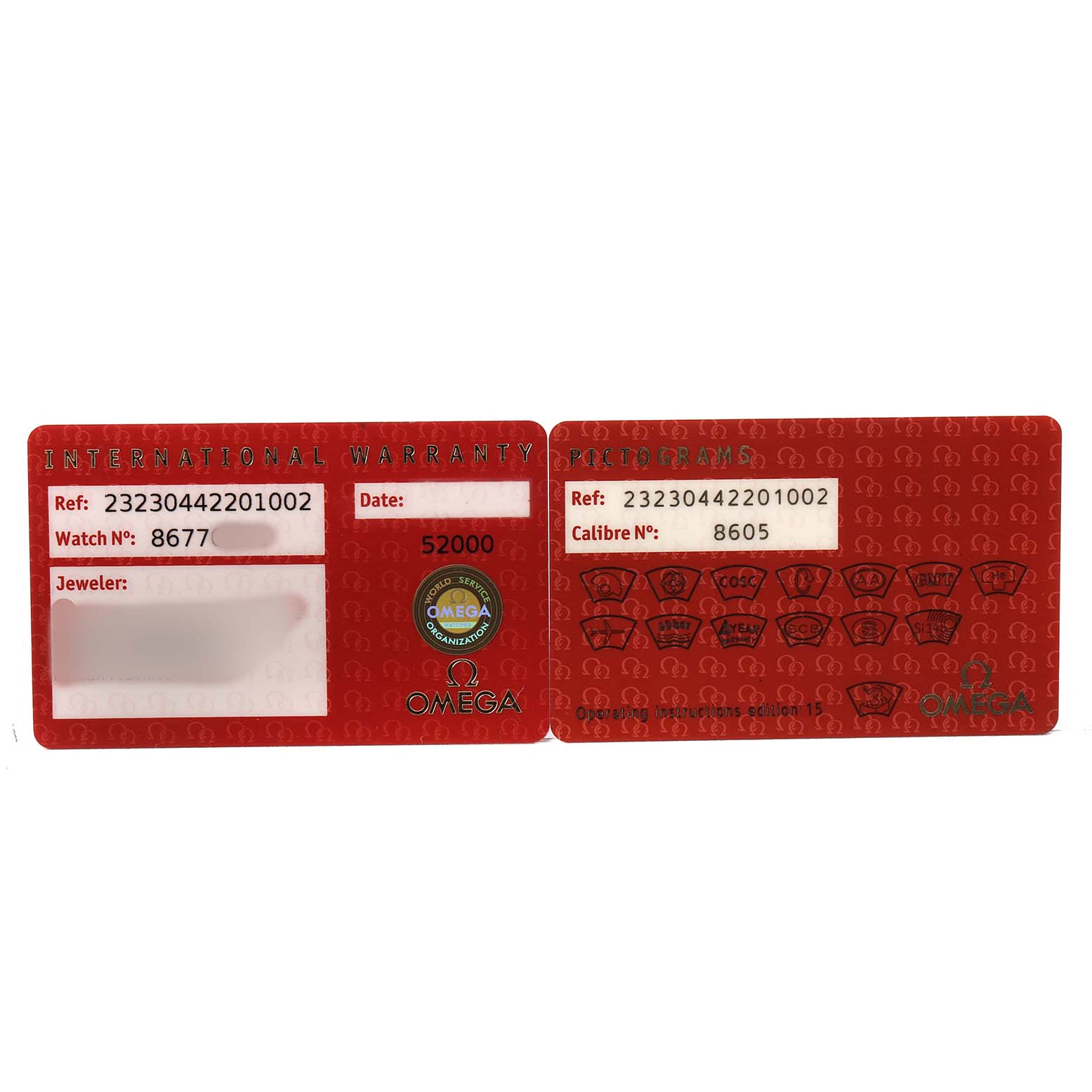 The image shows the warranty and pictograms cards for the Omega Planet Ocean 232.30.44.22.01.002 Men's Stainless Steel Black Dial watch, displayed side by side.