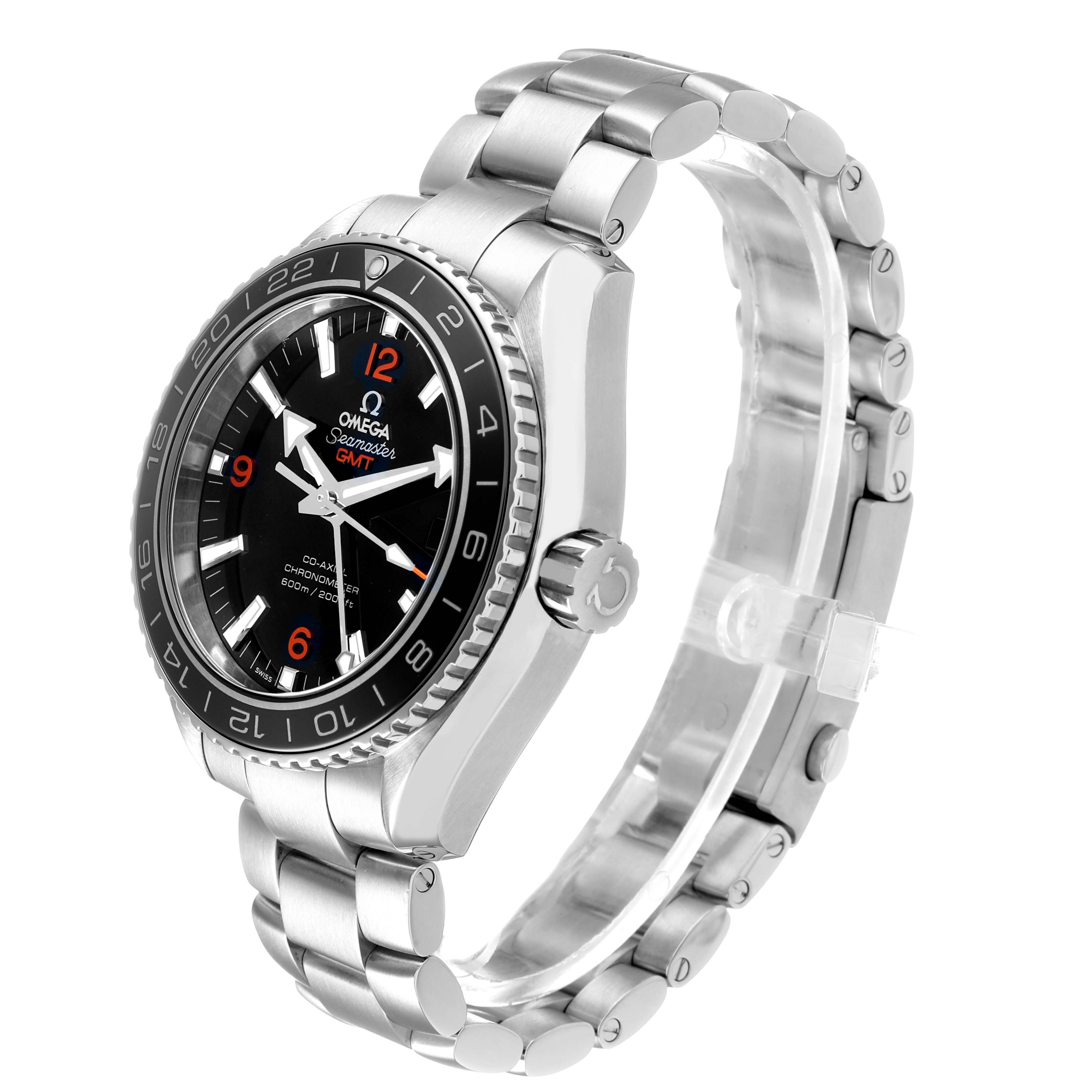 The Omega Planet Ocean 232.30.44.22.01.002 Men's Stainless Steel Black Dial watch is shown from a side angle, highlighting the dial, bezel, crown, and bracelet.