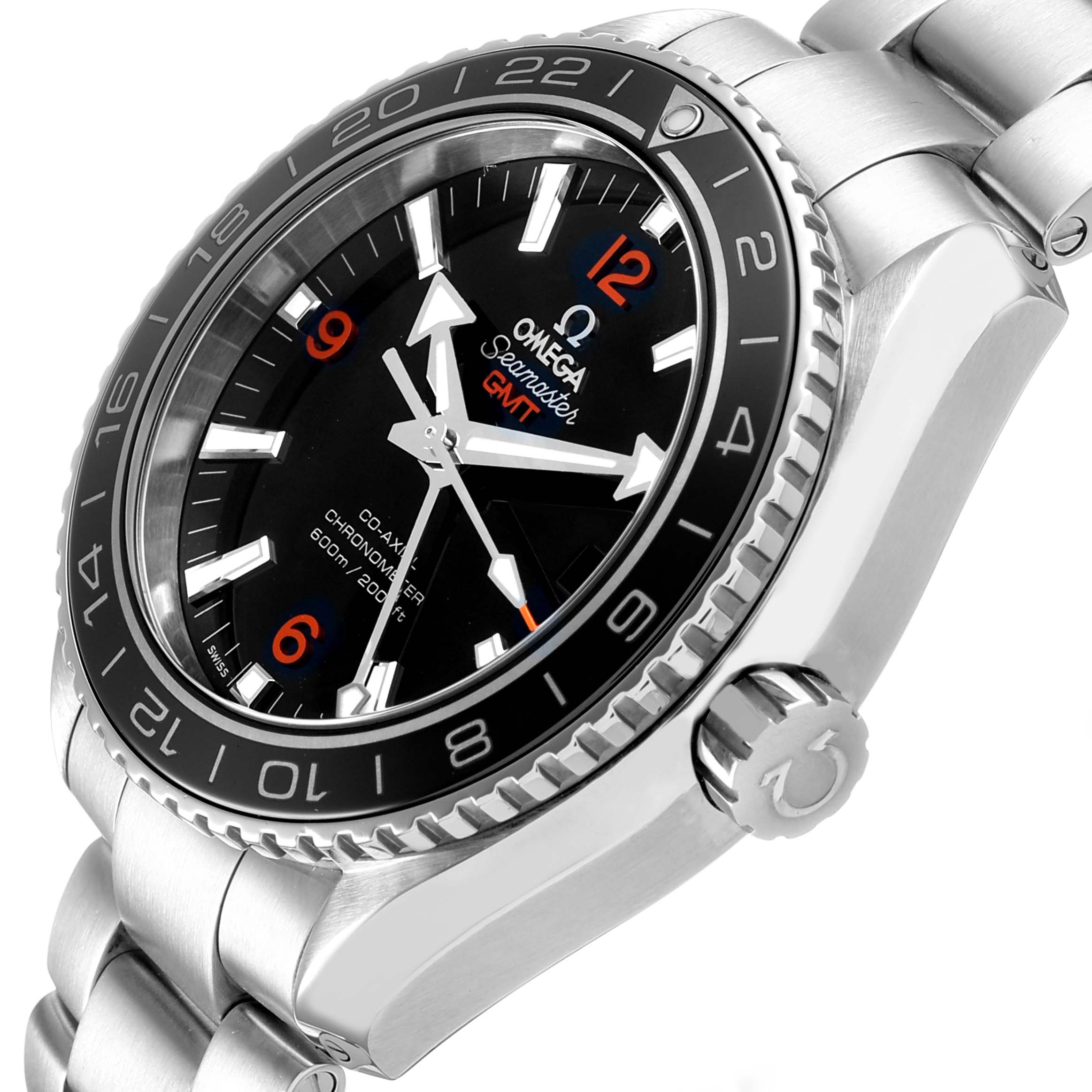The Omega Planet Ocean 232.30.44.22.01.002 Men's Stainless Steel Black Dial watch is shown at an angle highlighting the dial, bezel, crown, and part of the bracelet.