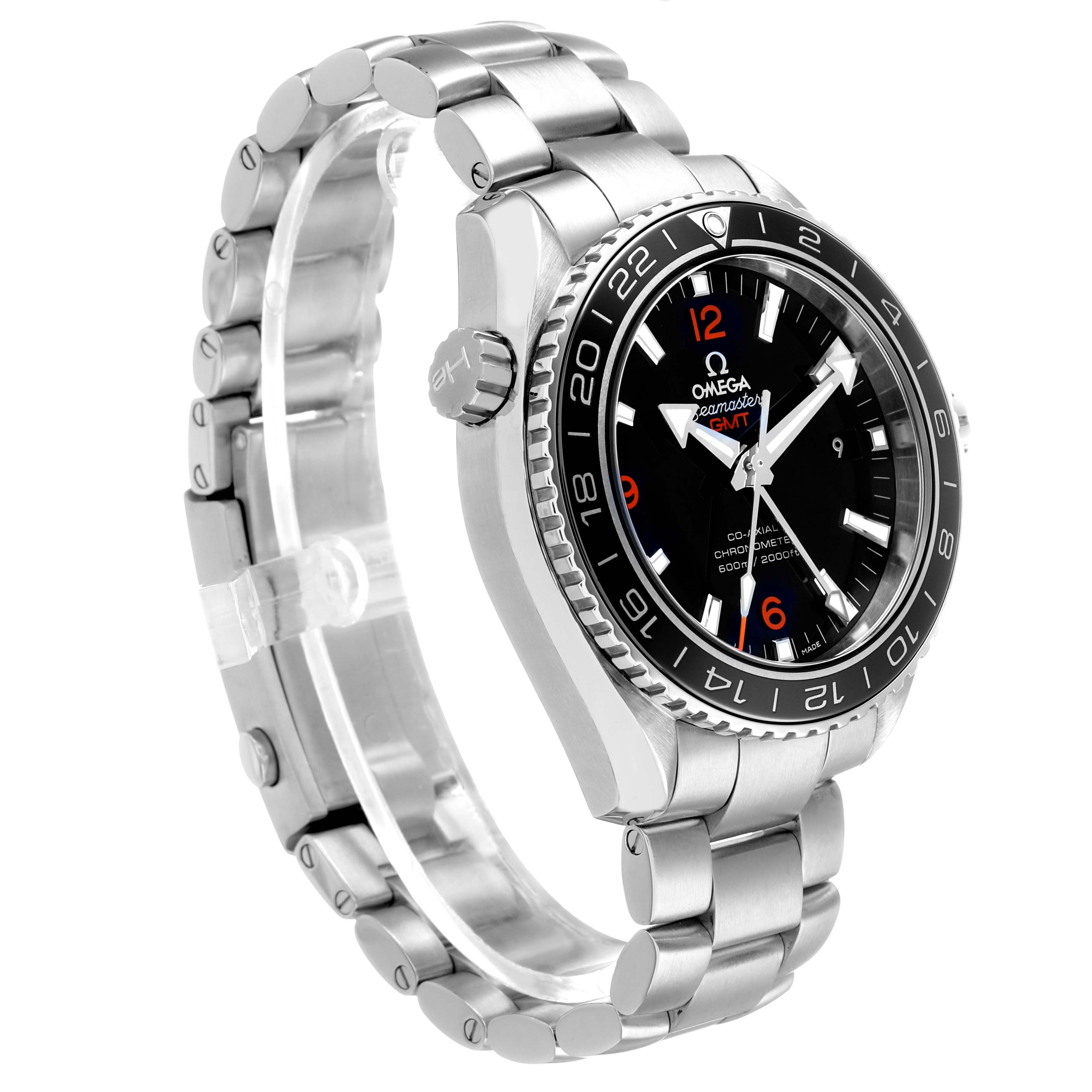 The Omega Planet Ocean 232.30.44.22.01.002 Men's Stainless Steel Black Dial watch is shown at a three-quarter angle, highlighting the dial, bezel, crown, and bracelet.