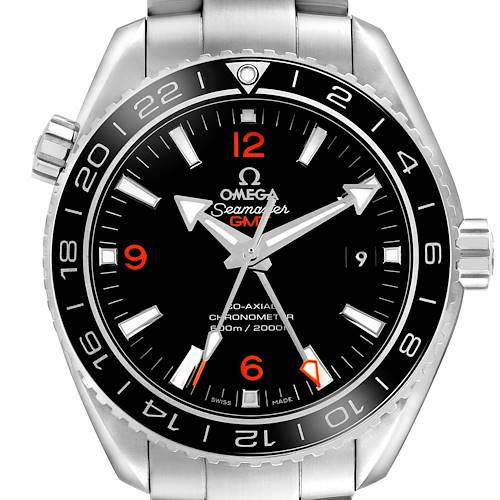 The Omega Planet Ocean 232.30.44.22.01.002 Men's Stainless Steel Black Dial watch is shown from a front angle, featuring its face, bezel, and partial bracelet.