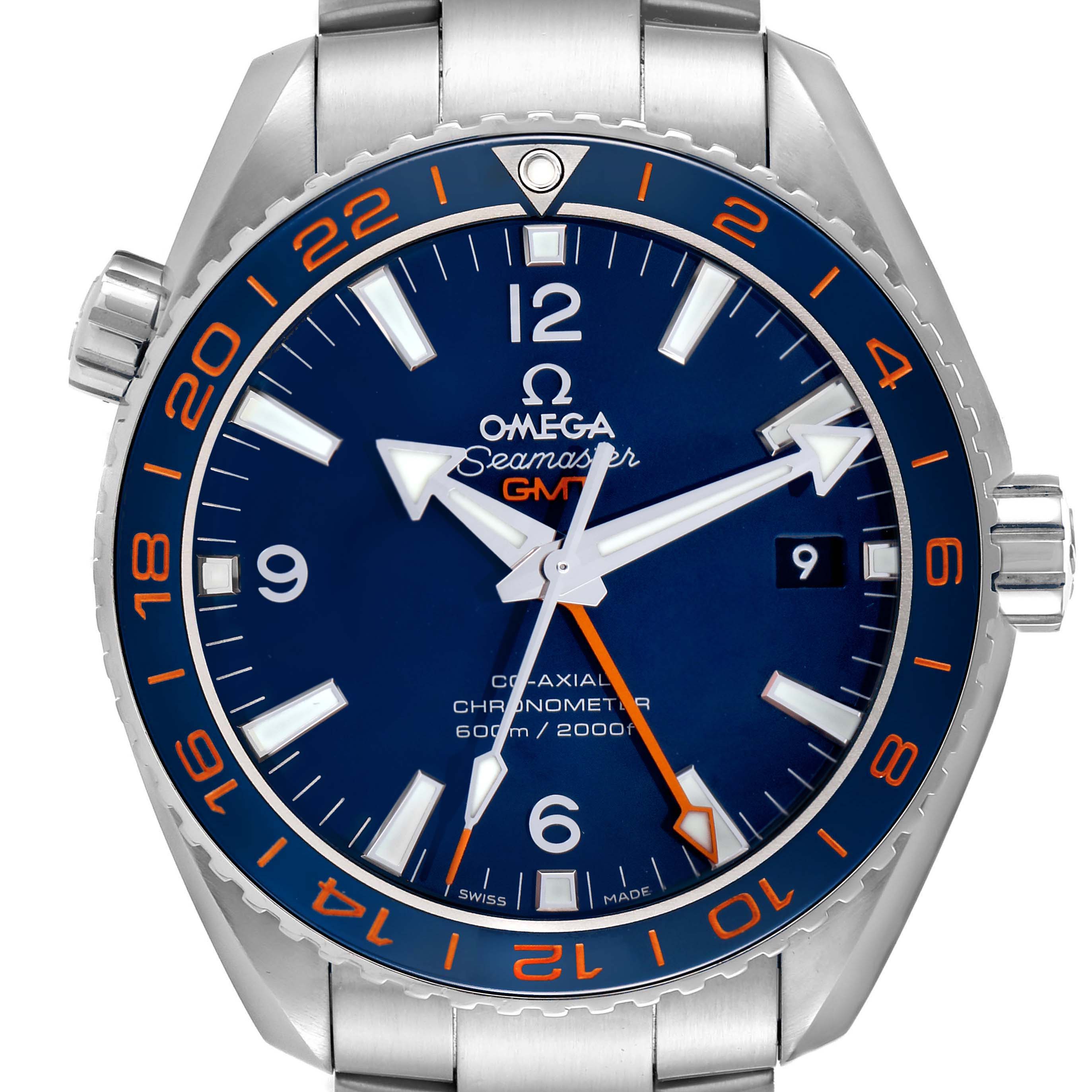 The Omega Planet Ocean 232.30.44.22.03.001 Men
s Stainless Steel Blue Dial 232.30.44.22.03.001 Men
s Stainless Steel Blue Dial watch is shown from the front, highlighting its face, bezel, and part of the bracelet.