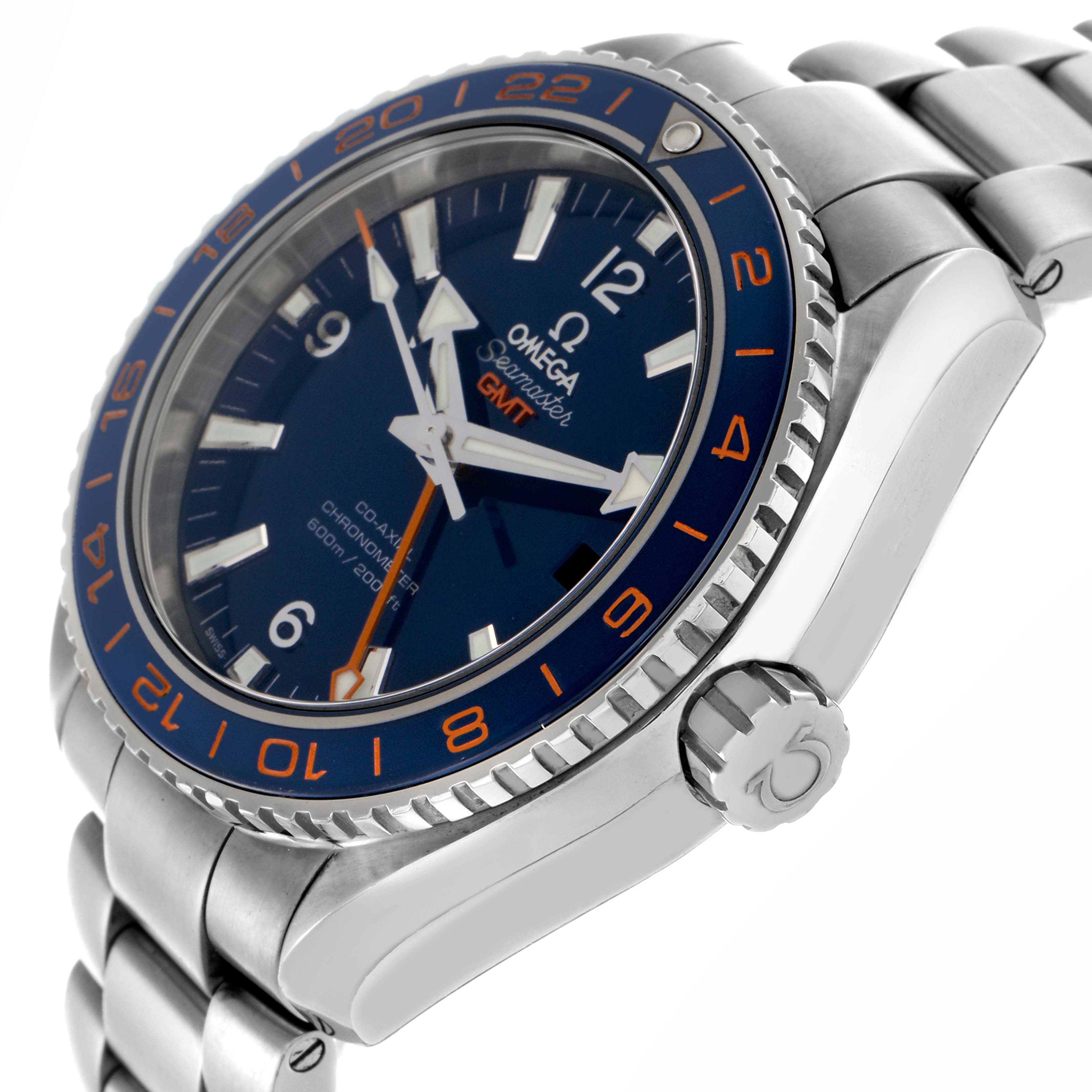 The Omega Planet Ocean 232.30.44.22.03.001 Men
s Stainless Steel Blue Dial 232.30.44.22.03.001 Men
s Stainless Steel Blue Dial model is shown at an angled side view, highlighting the bezel, dial, and stainless steel bracelet.