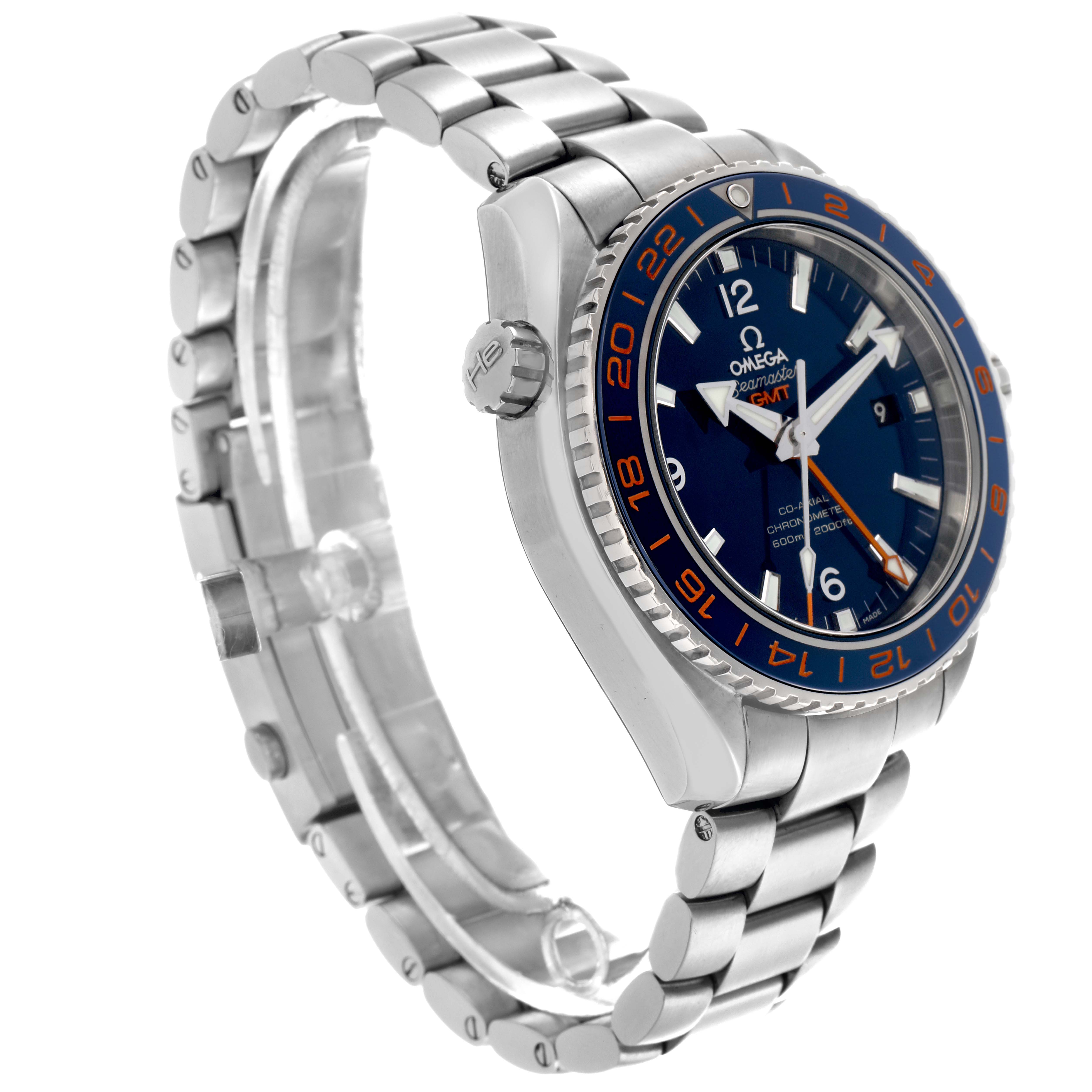 The Omega Planet Ocean 232.30.44.22.03.001 Men
s Stainless Steel Blue Dial 232.30.44.22.03.001 Men
s Stainless Steel Blue Dial watch is shown at a slight angle, highlighting the face, bezel, and stainless steel bracelet.