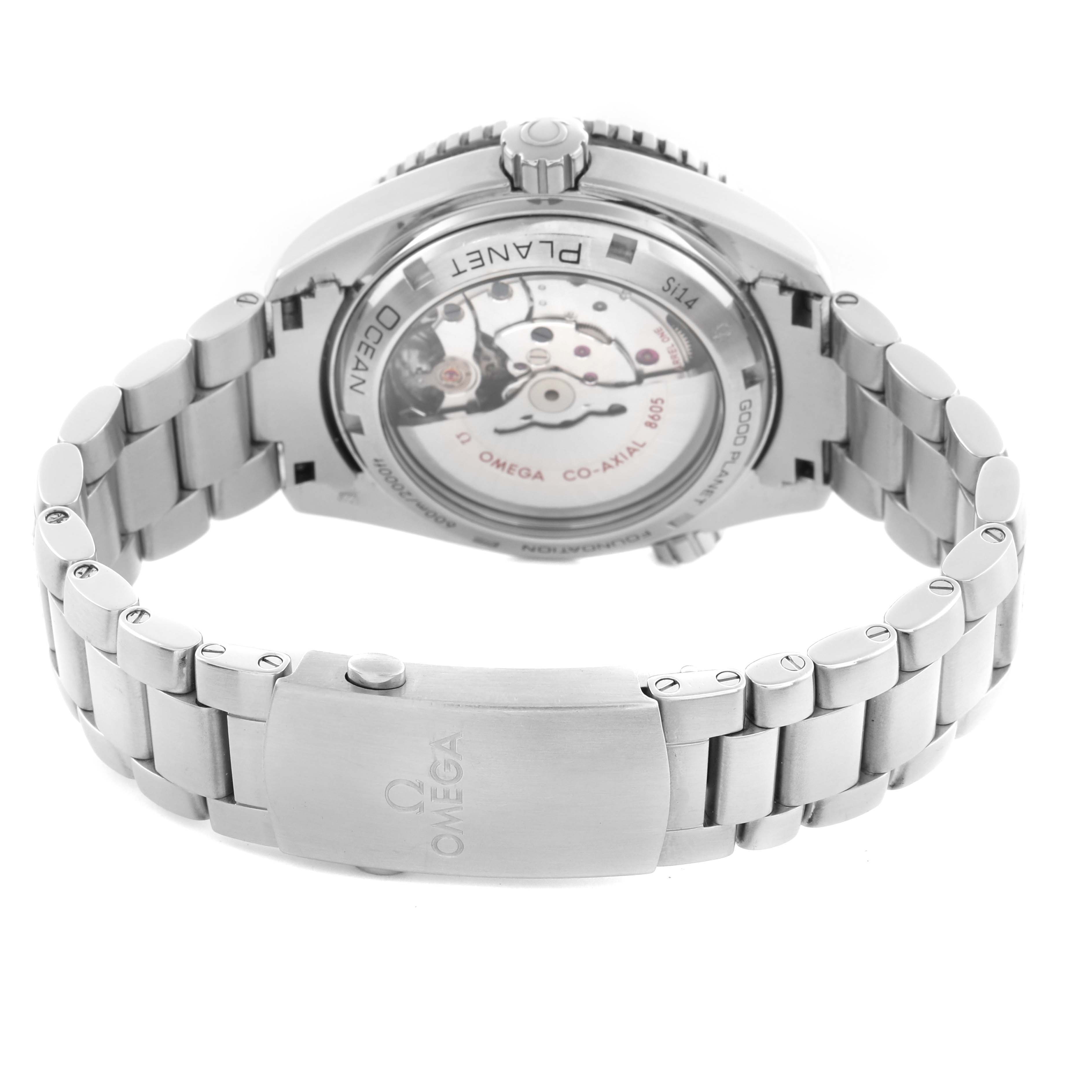 The Omega Planet Ocean 232.30.44.22.03.001 Men
s Stainless Steel Blue Dial 232.30.44.22.03.001 Men
s Stainless Steel Blue Dial watch is shown from the back, displaying its transparent case back and stainless steel bracelet.