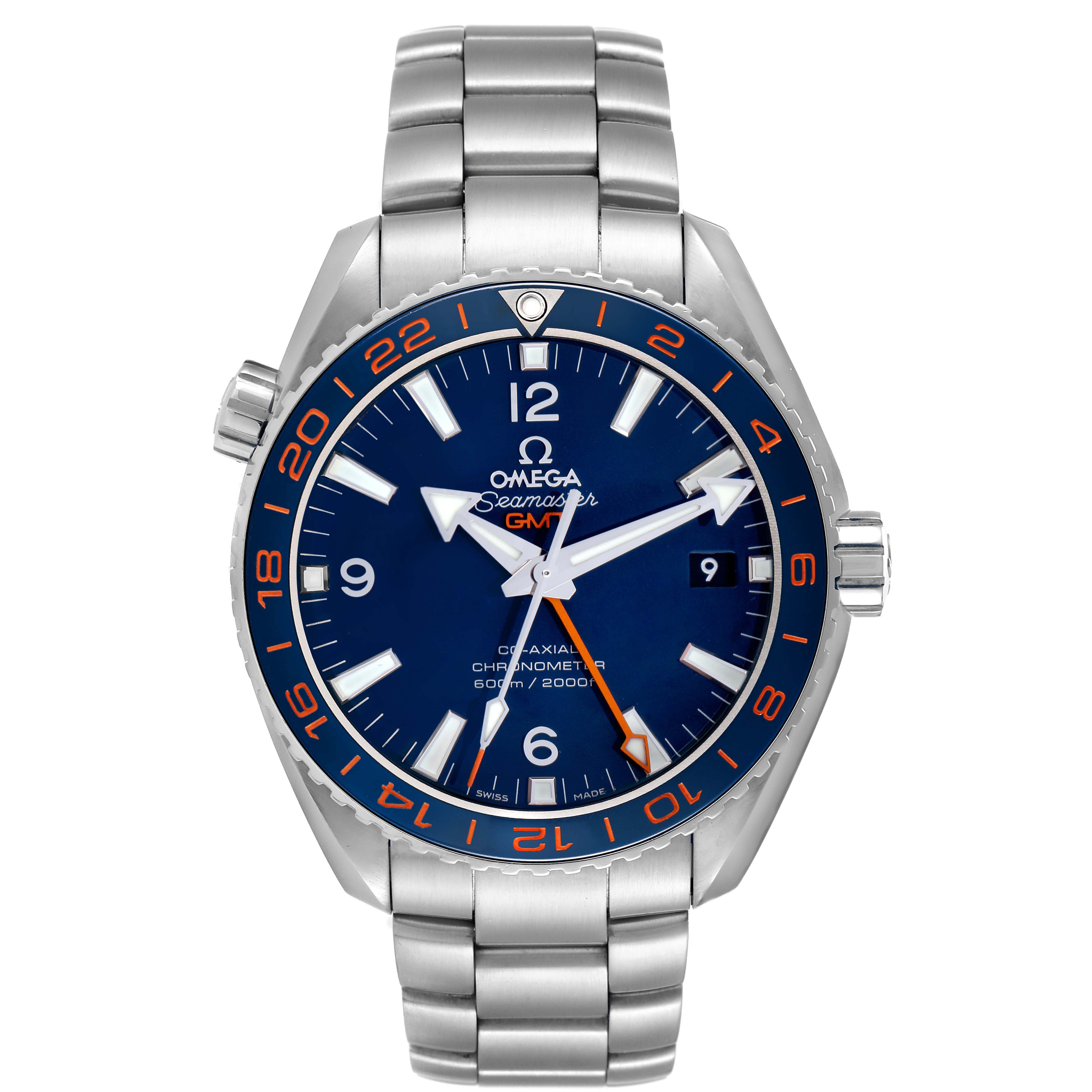 The image shows a front view of the Omega Planet Ocean 232.30.44.22.03.001 Men
s Stainless Steel Blue Dial 232.30.44.22.03.001 Men
s Stainless Steel Blue Dial watch, highlighting the dial, bezel, bracelet, and crown.